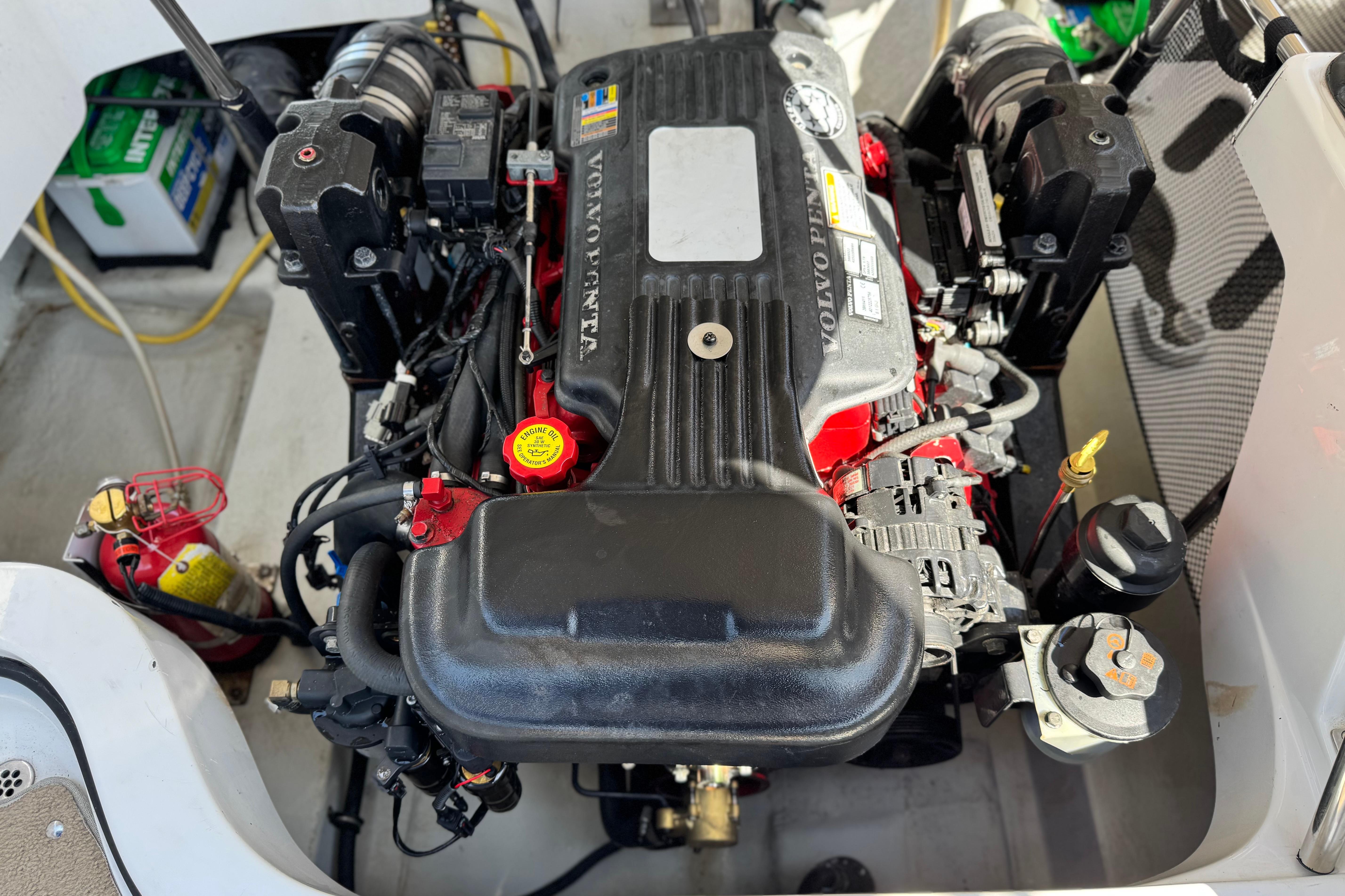 Engine compartment of a 2008 Cobalt 262 boat featuring a Volvo Penta engine.