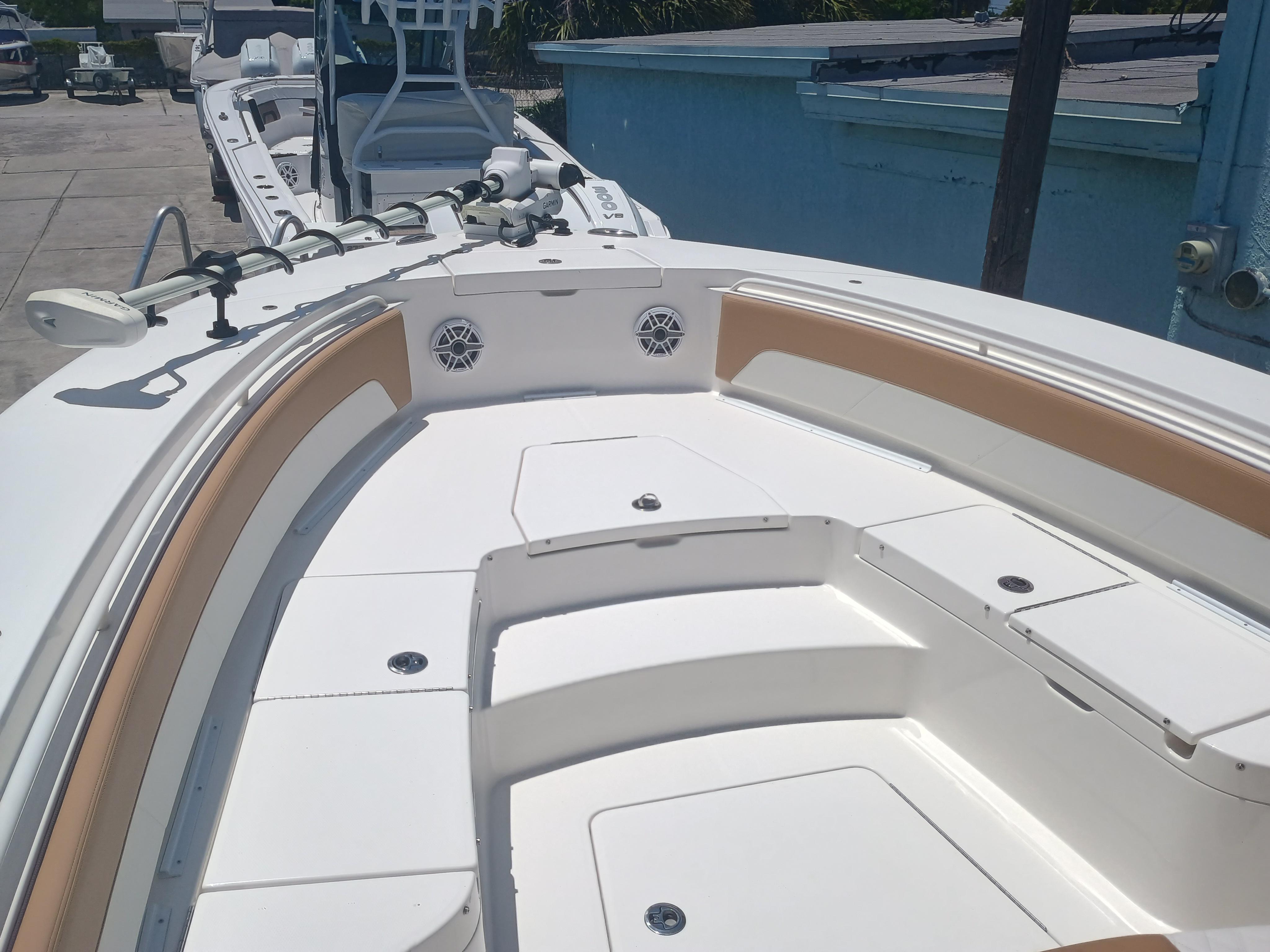 2025 Regulator 30XO boat interior with seating and storage compartments.