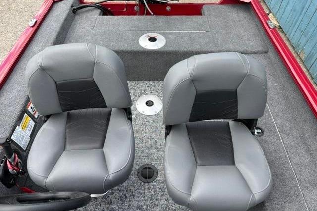 Interior of 2025 Tracker Super Guide V-16 SC boat with two gray seats.