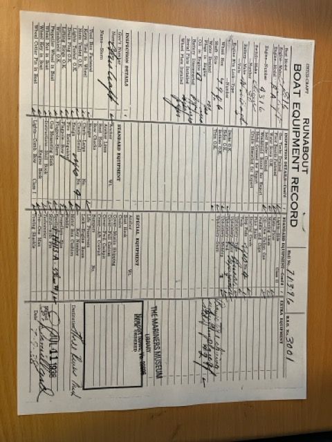 A handwritten boat equipment record for a 1938 Chris-Craft Custom Deluxe Runabout.