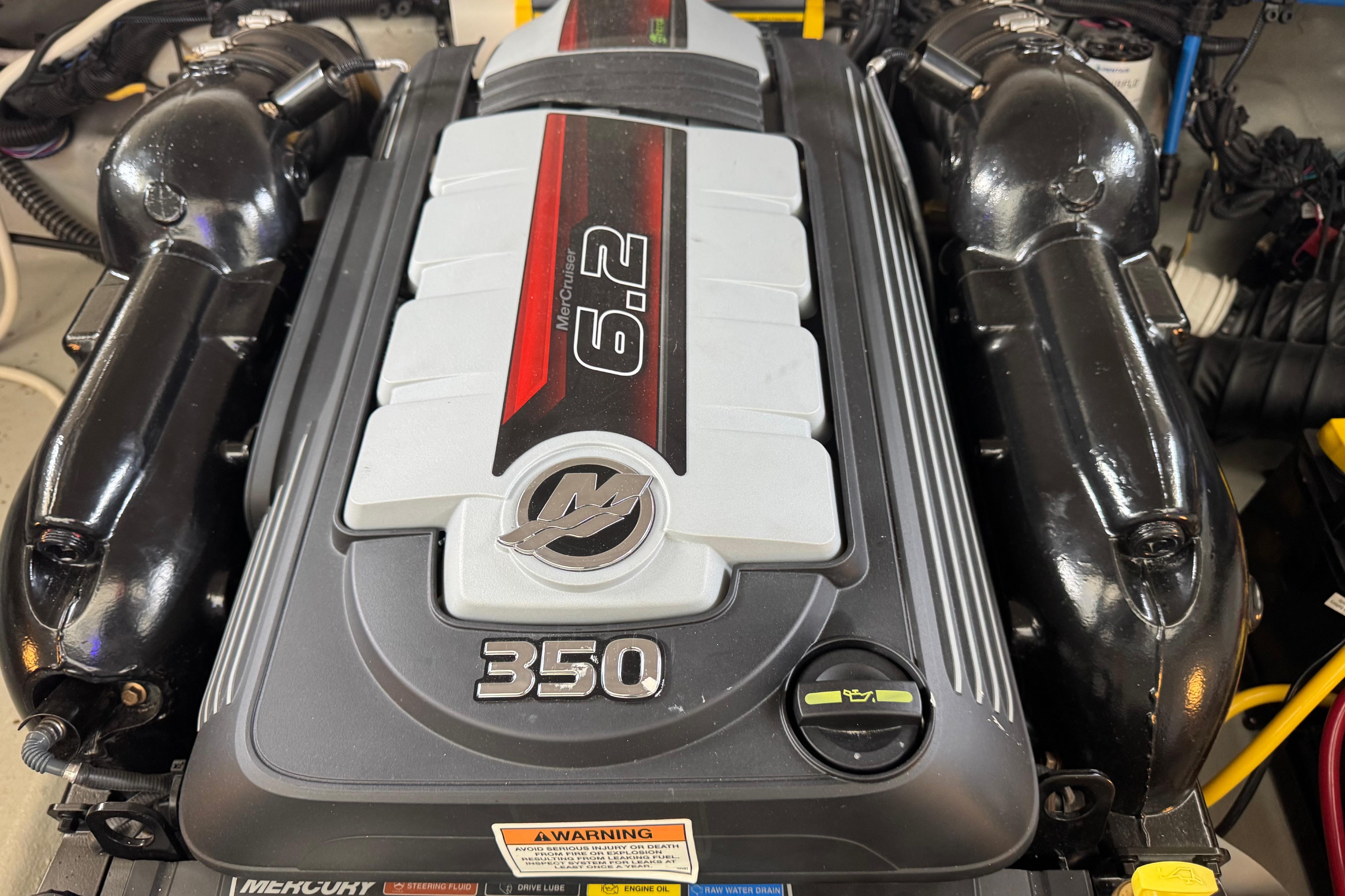 Engine of 2022 Crownline 265 SS boat, featuring 6.2L MerCruiser 350 horsepower.