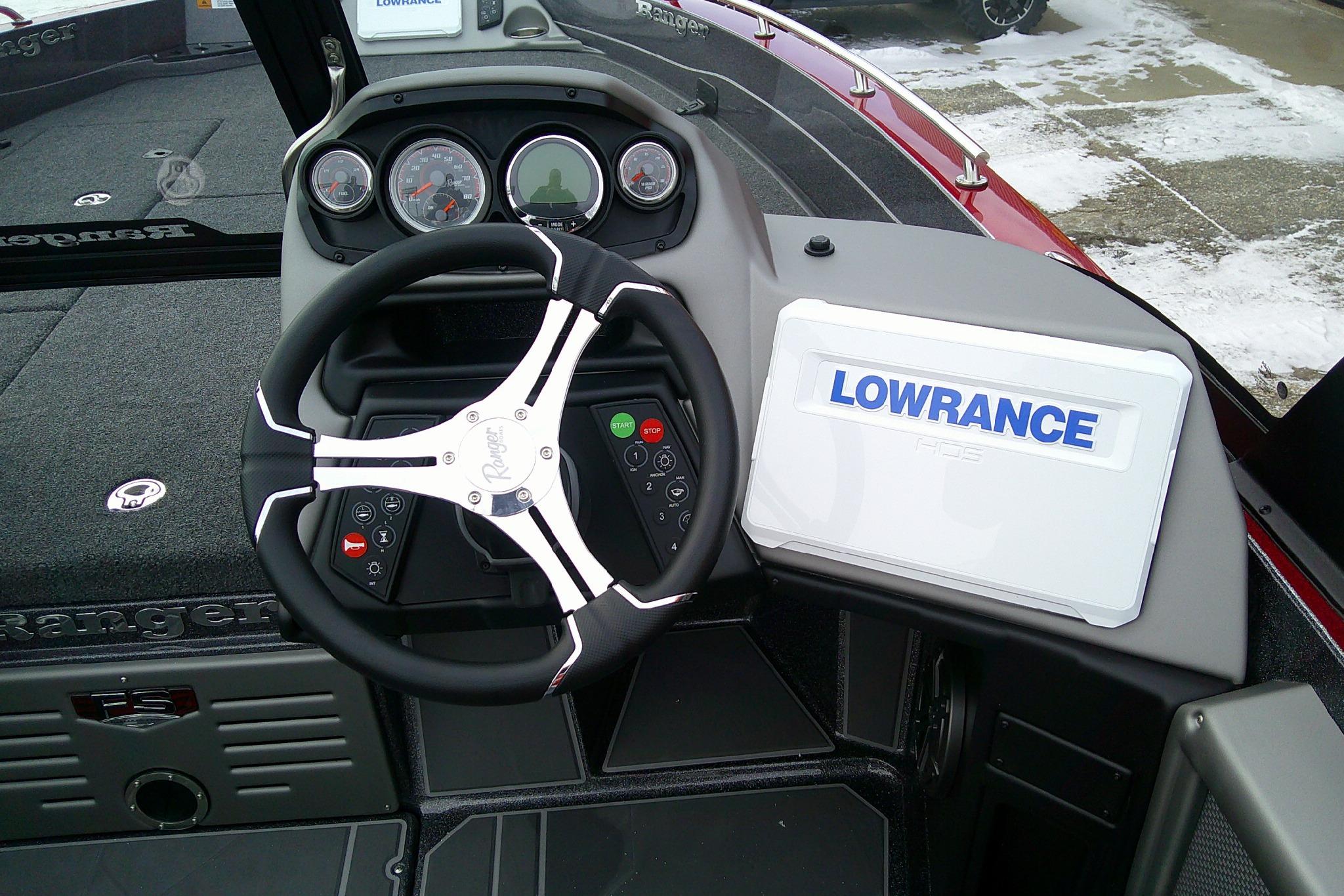 2026 Ranger 620FS Cup Equipped boat dashboard with Lowrance HDS system and steering wheel.