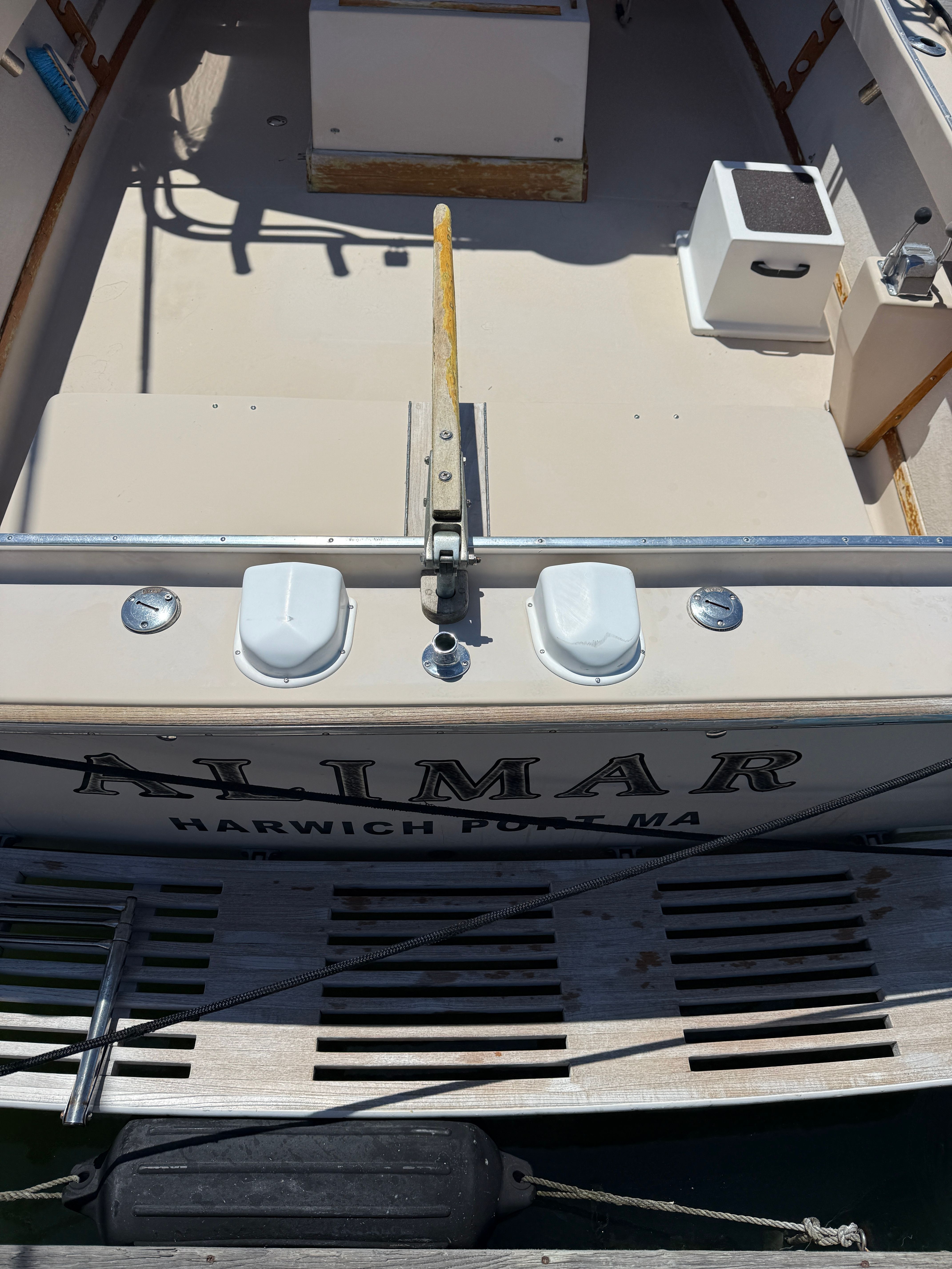 The boat "Alimar" is docked at Harwich Port, Massachusetts.