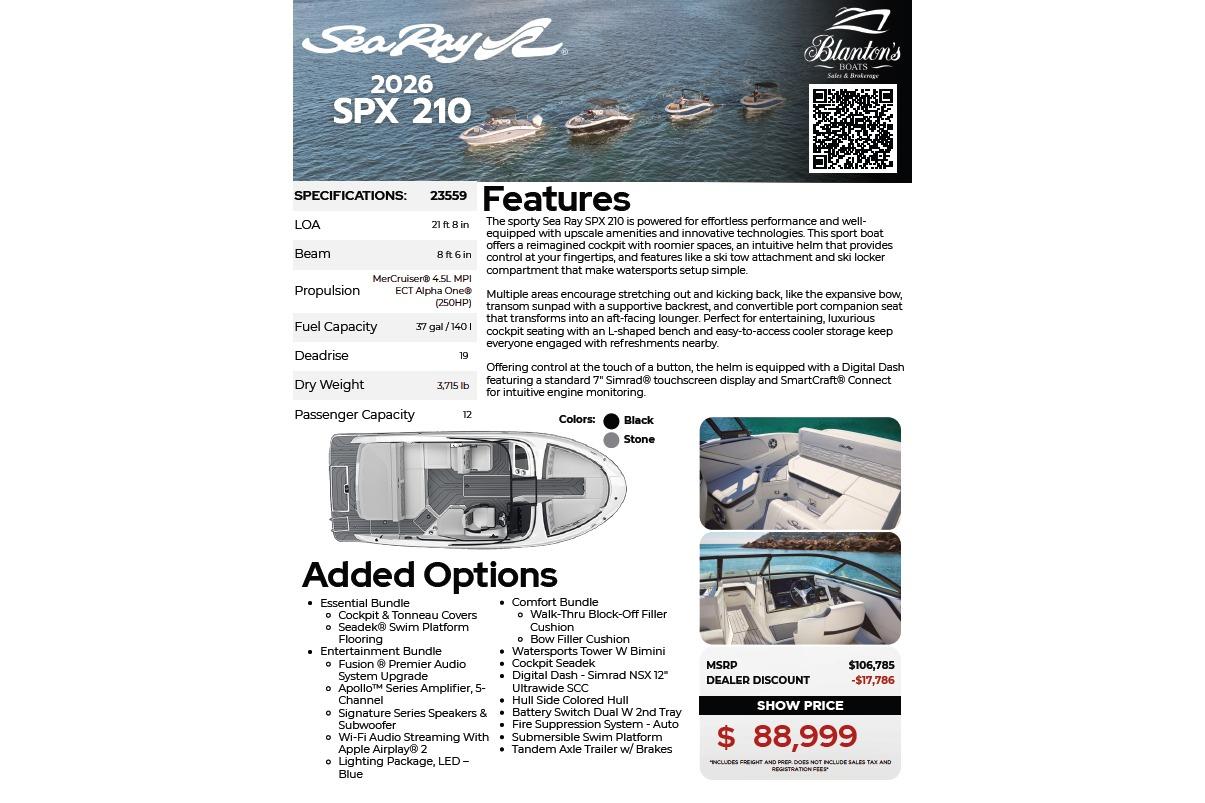 2026 Sea Ray SPX 210 boat brochure with specifications, features, and pricing details.