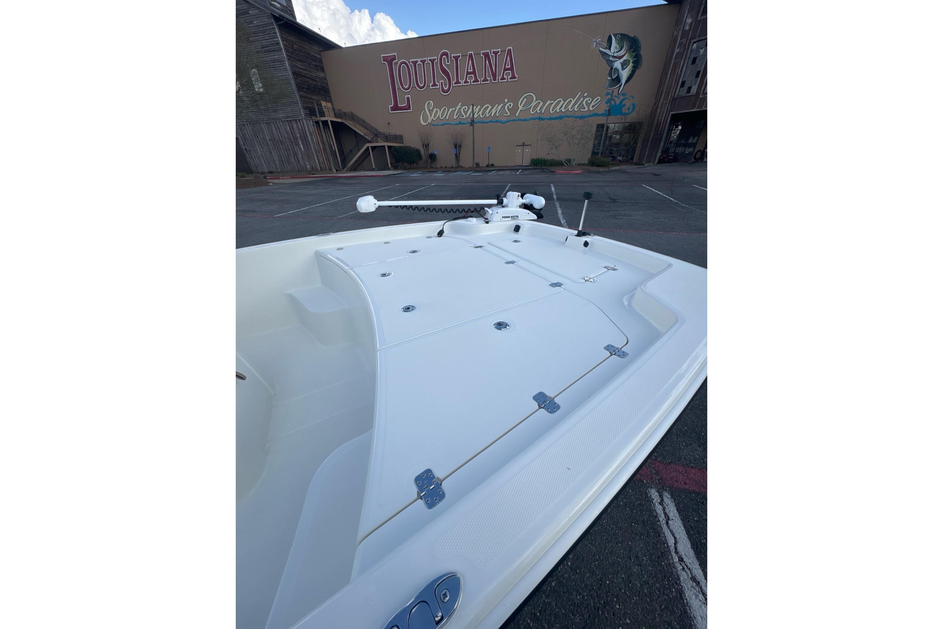 2026 Mako Pro Skiff 19 CC boat in front of Louisiana Sportsman's Paradise.