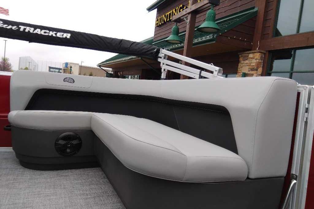 2026 Sun Tracker Party Barge 16 DLX interior seating with modern design and comfortable upholstery.