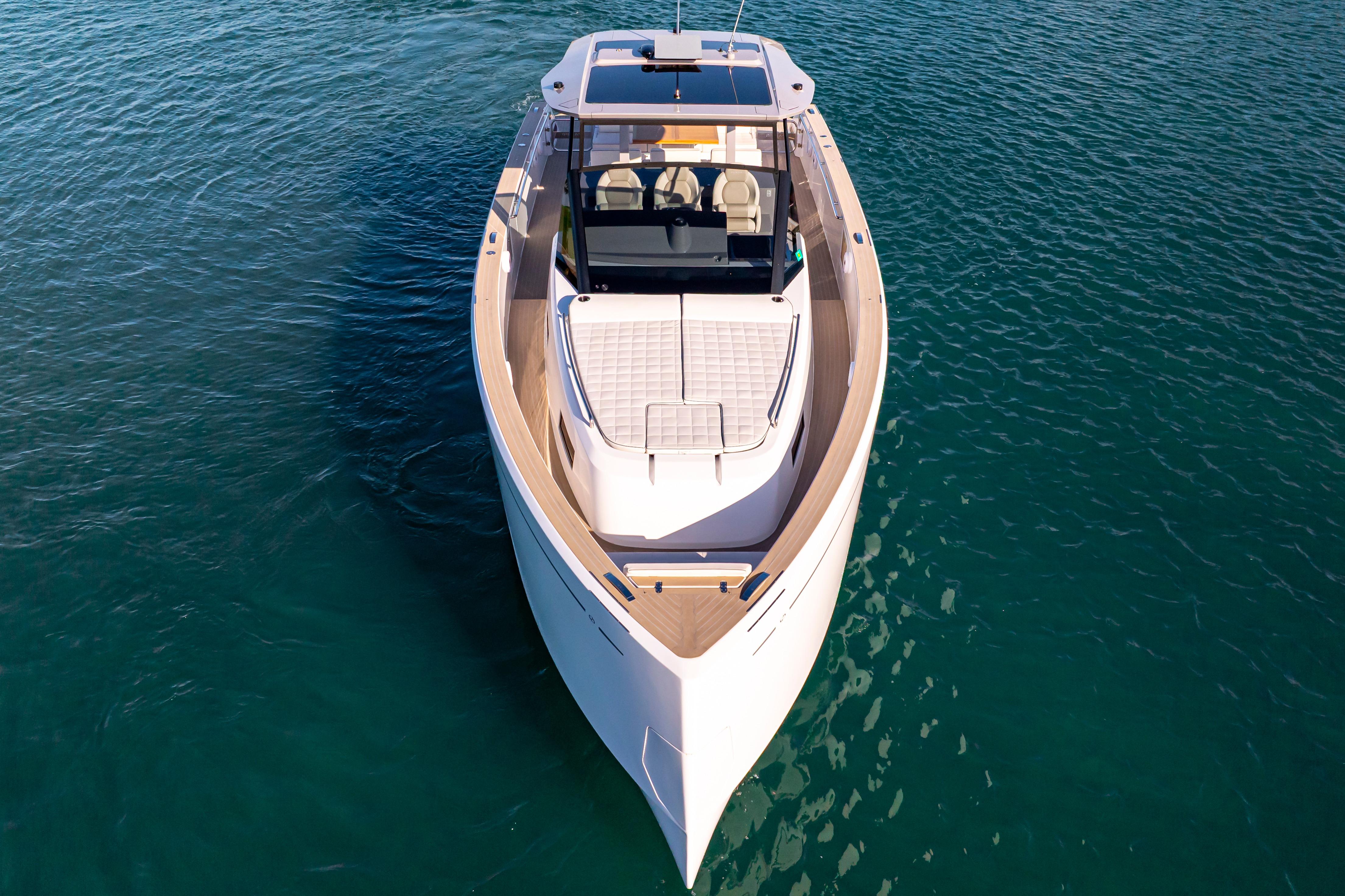 2024 Pardo Yachts P43 luxury yacht on calm blue water, aerial view.