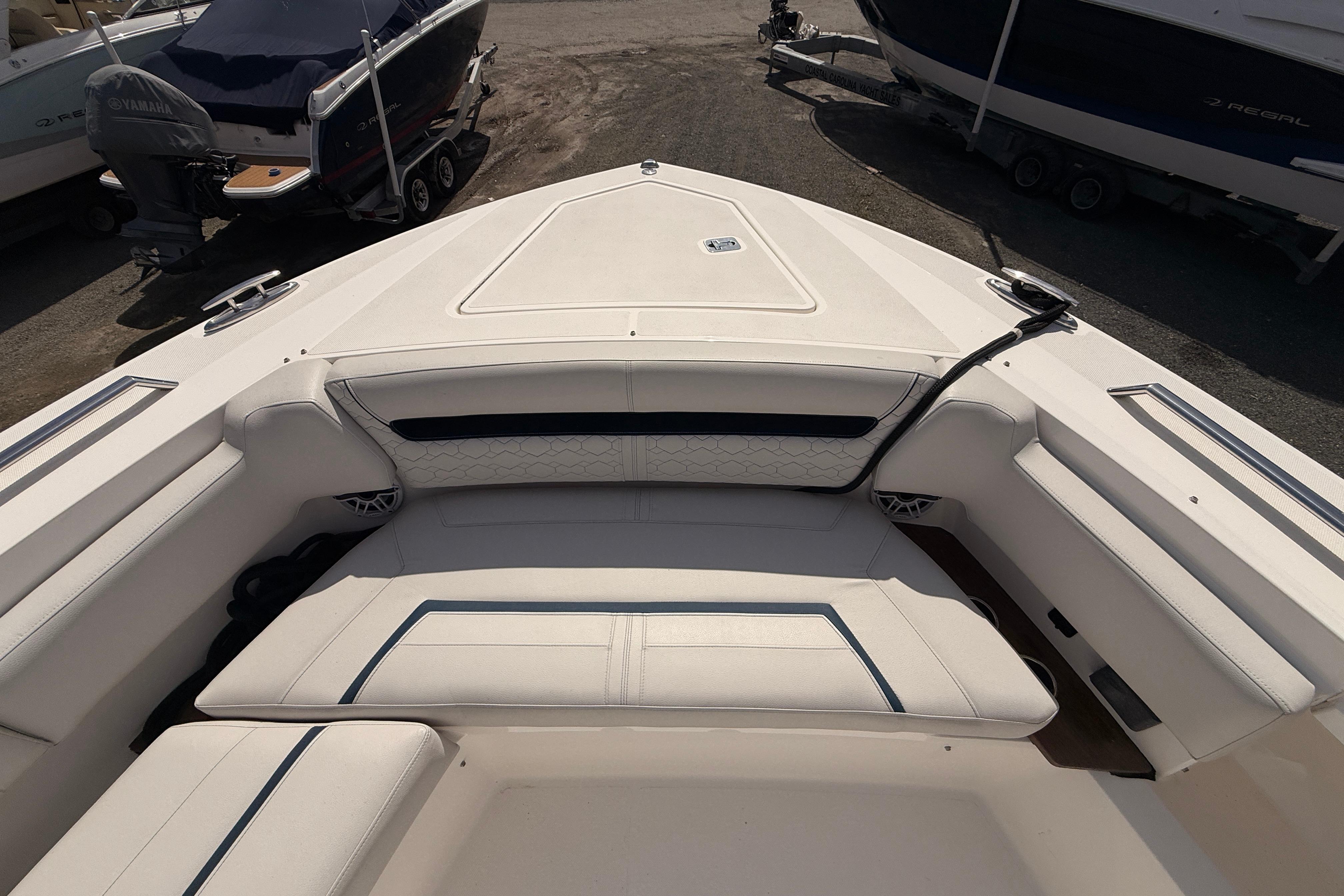 2022 Tiara Yachts 38 LS boat interior with white seating and sleek design.
