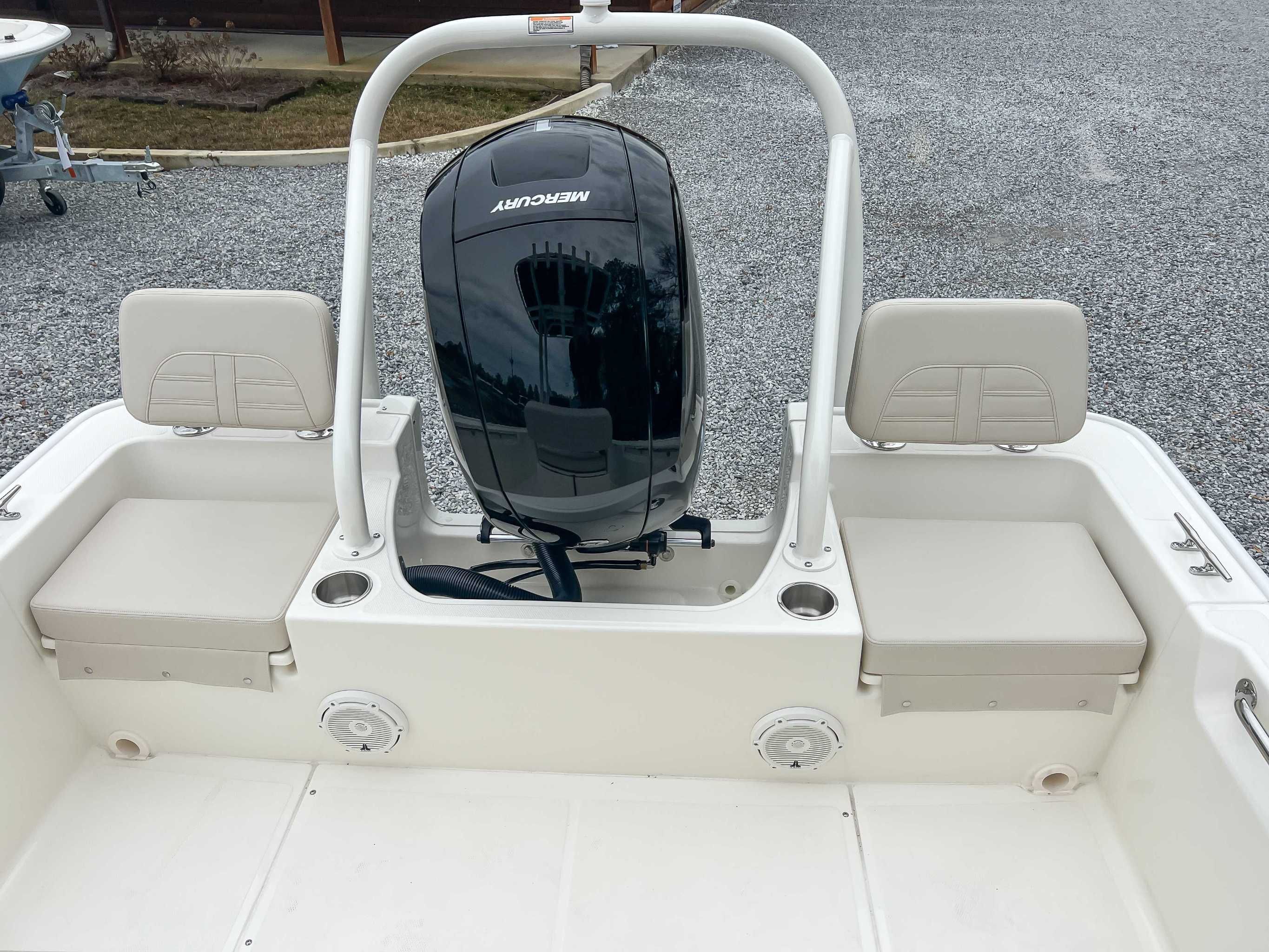 2025 Boston Whaler 190 Montauk boat interior with Mercury engine.