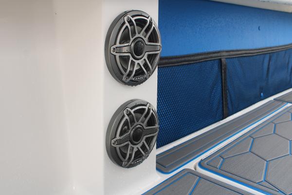 2024 Fountain 34 SC boat speakers and deck detail with blue accents.