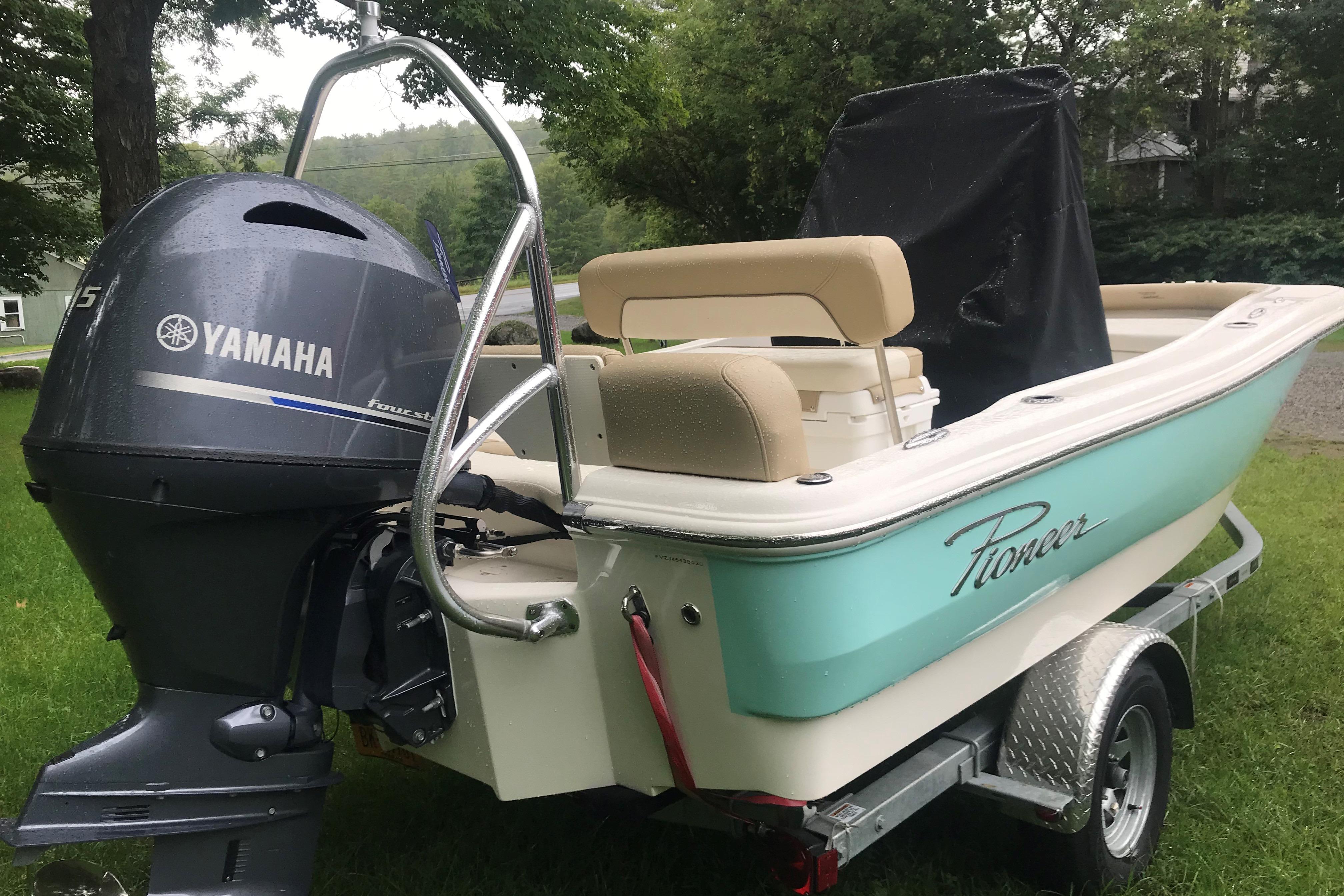 2026 Pioneer 180 Islander boat with Yamaha outboard motor on trailer.