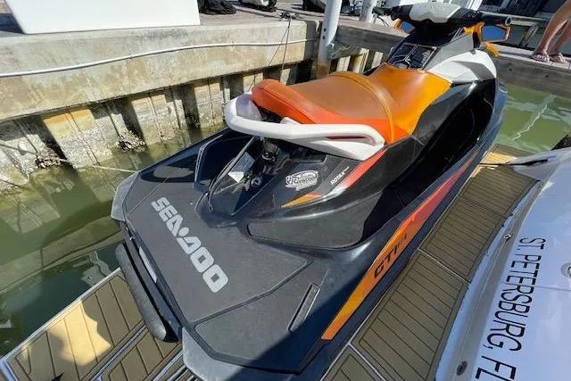 Jet ski on a 2016 Sea Ray Sundancer 510 yacht in St. Petersburg, Florida marina.