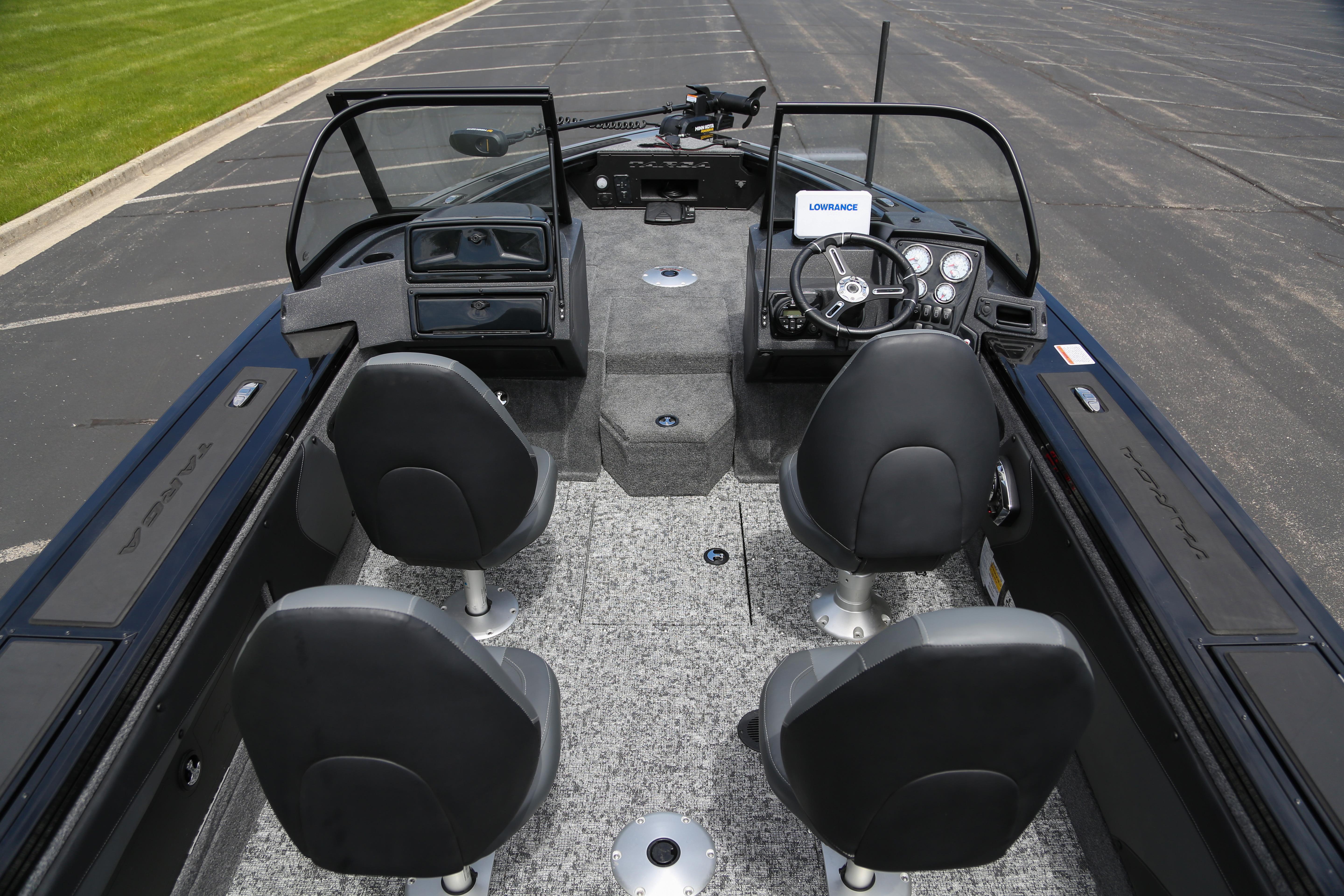 2026 Tracker Targa V-19 WT boat interior with four seats and steering console.