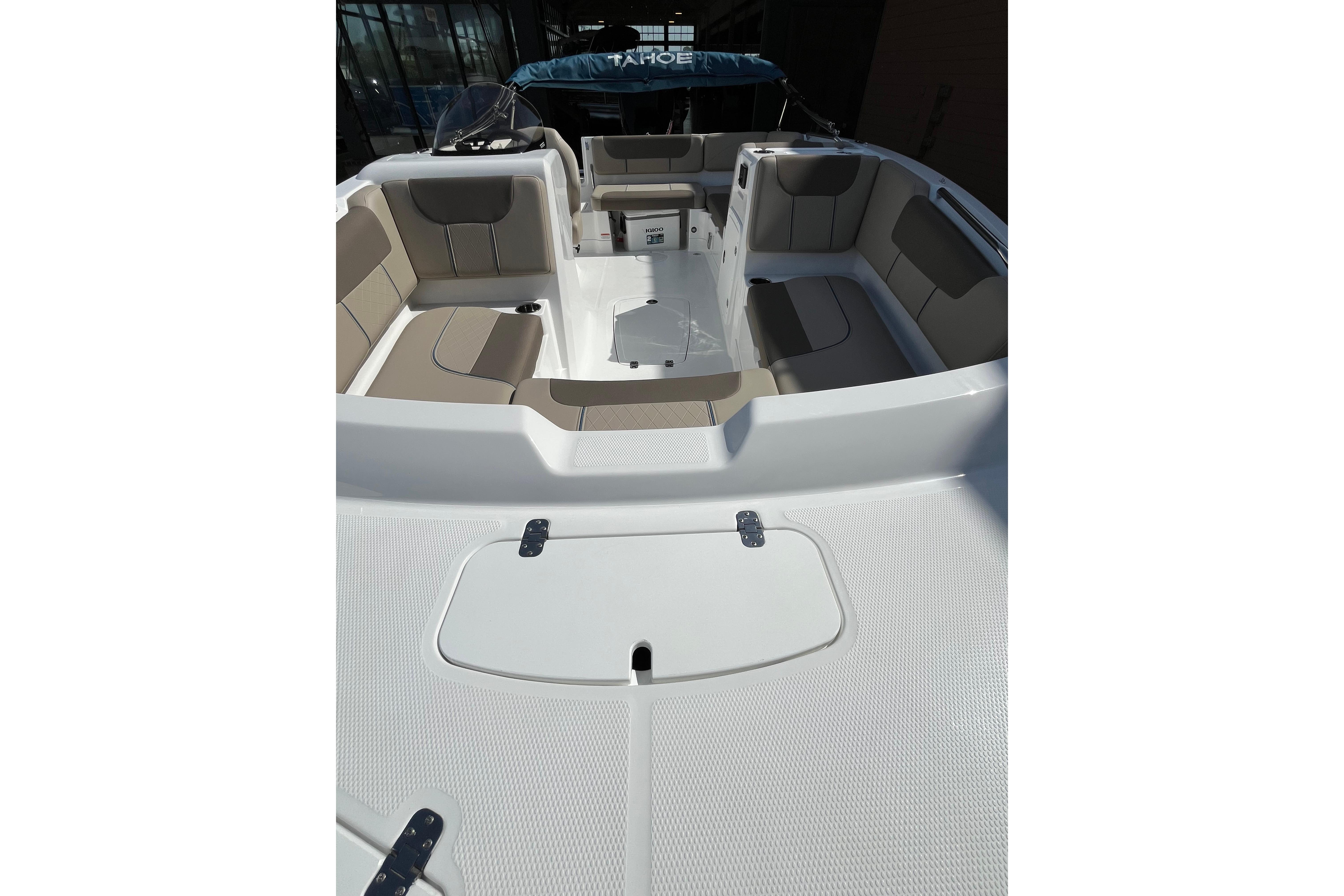2026 Tahoe 1950 boat interior with spacious seating and modern design.