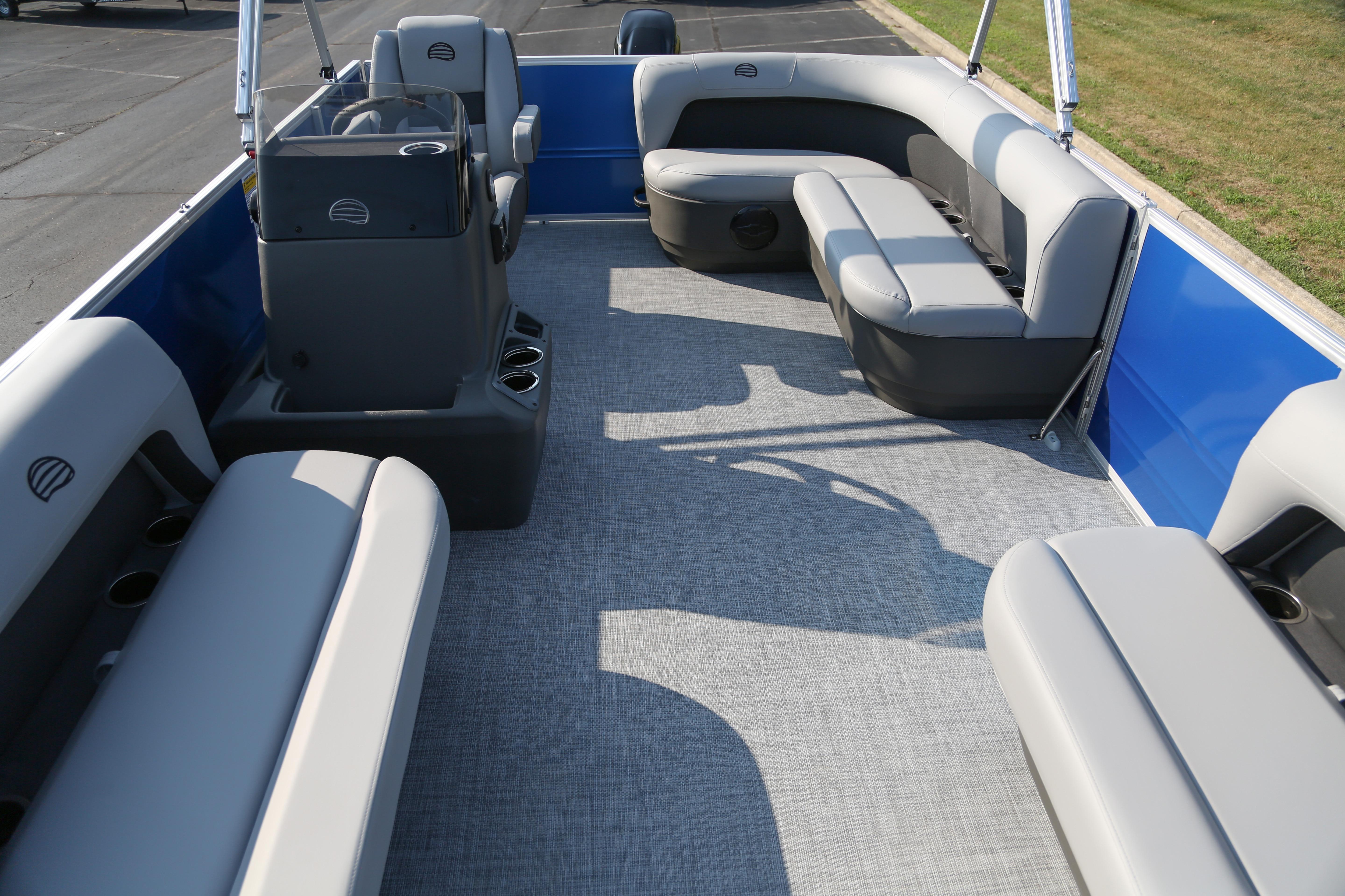2026 Sun Tracker Party Barge 16 DLX interior with spacious seating and modern design.