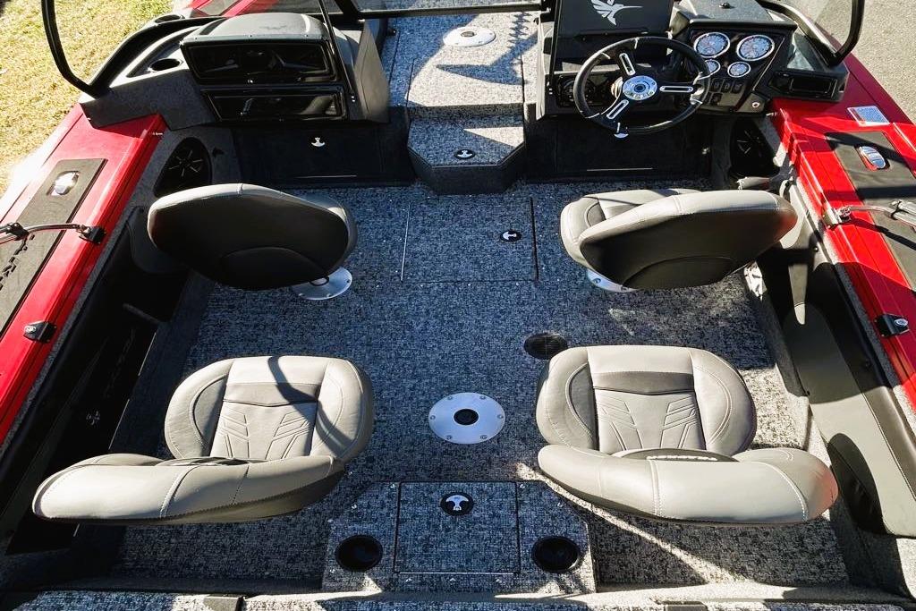 Interior of 2026 Tracker Targa V-19 Combo boat with four seats and steering console.