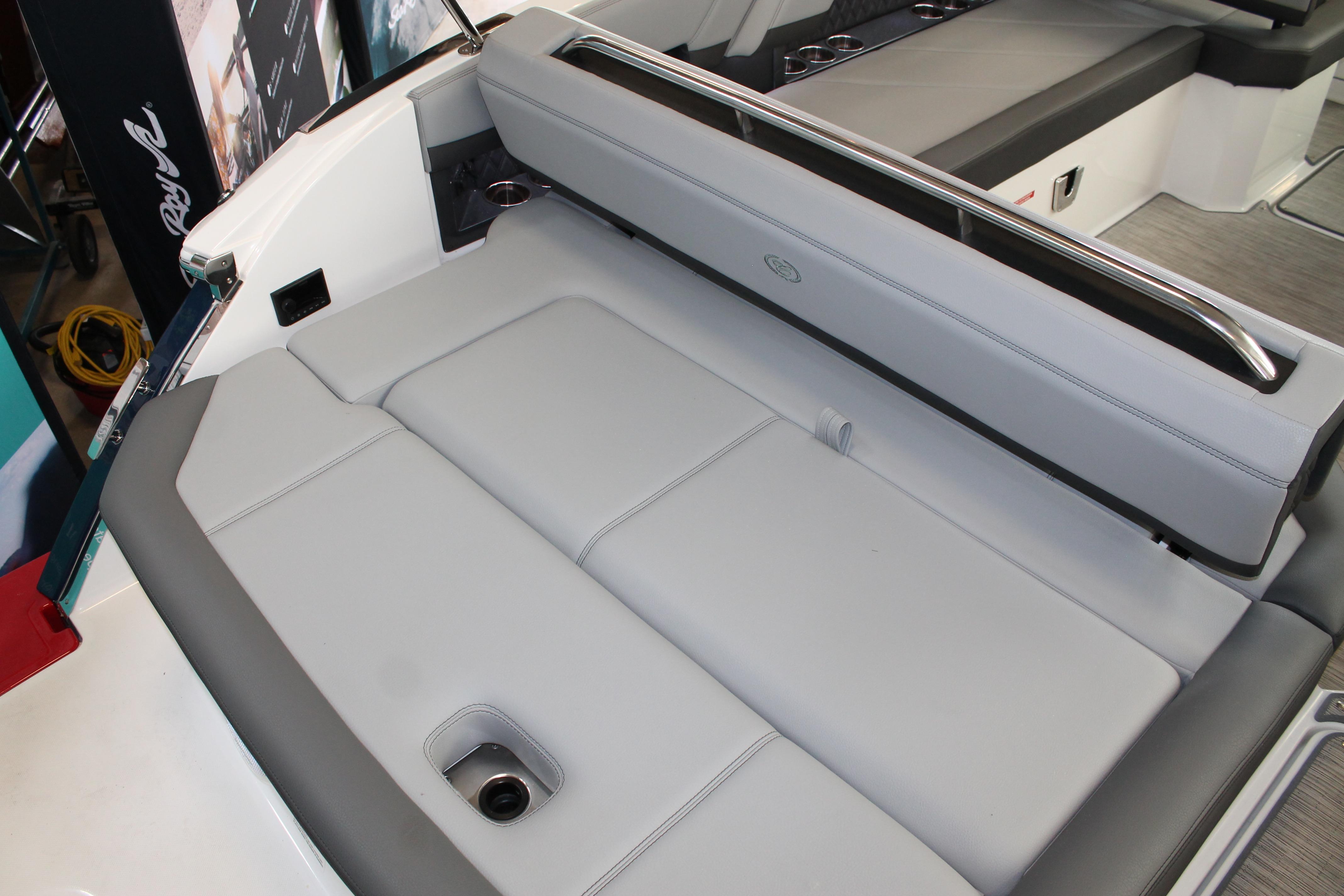 2023 Cobalt R8 boat interior with sleek gray seating and modern design.