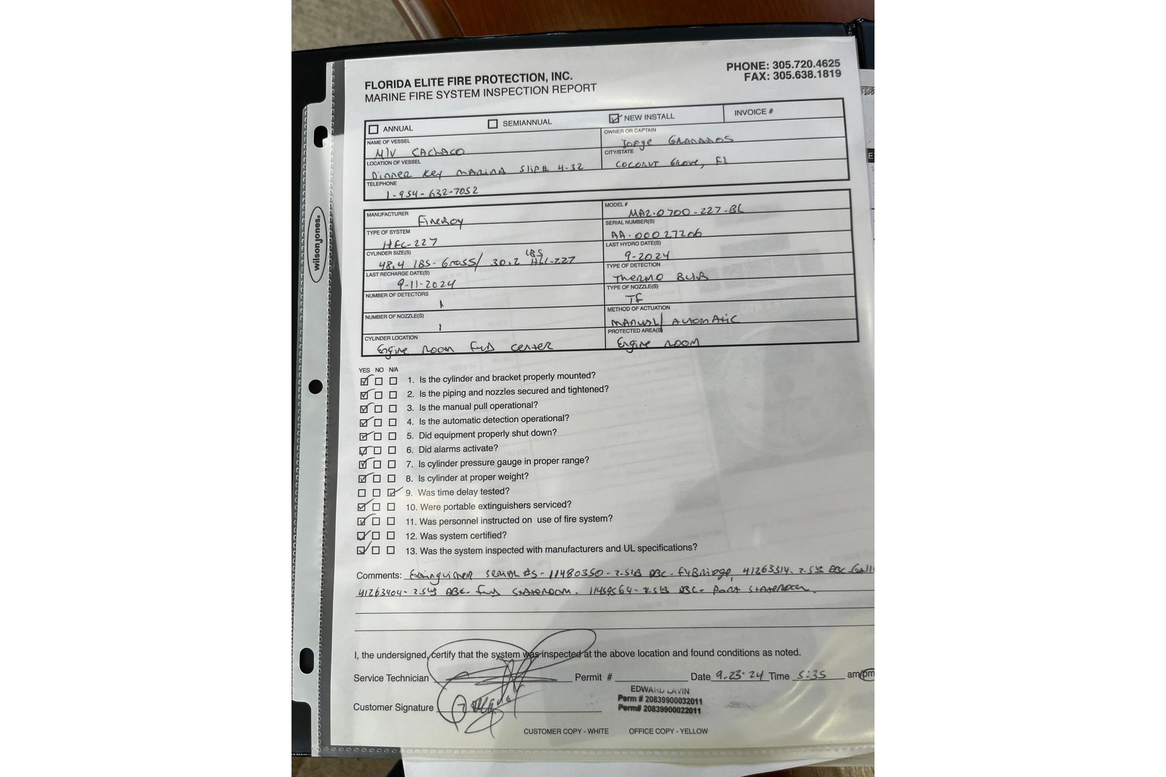 Inspection report for marine fire system, Silverton 34 Convertible, 2005, detailed checklist and comments.