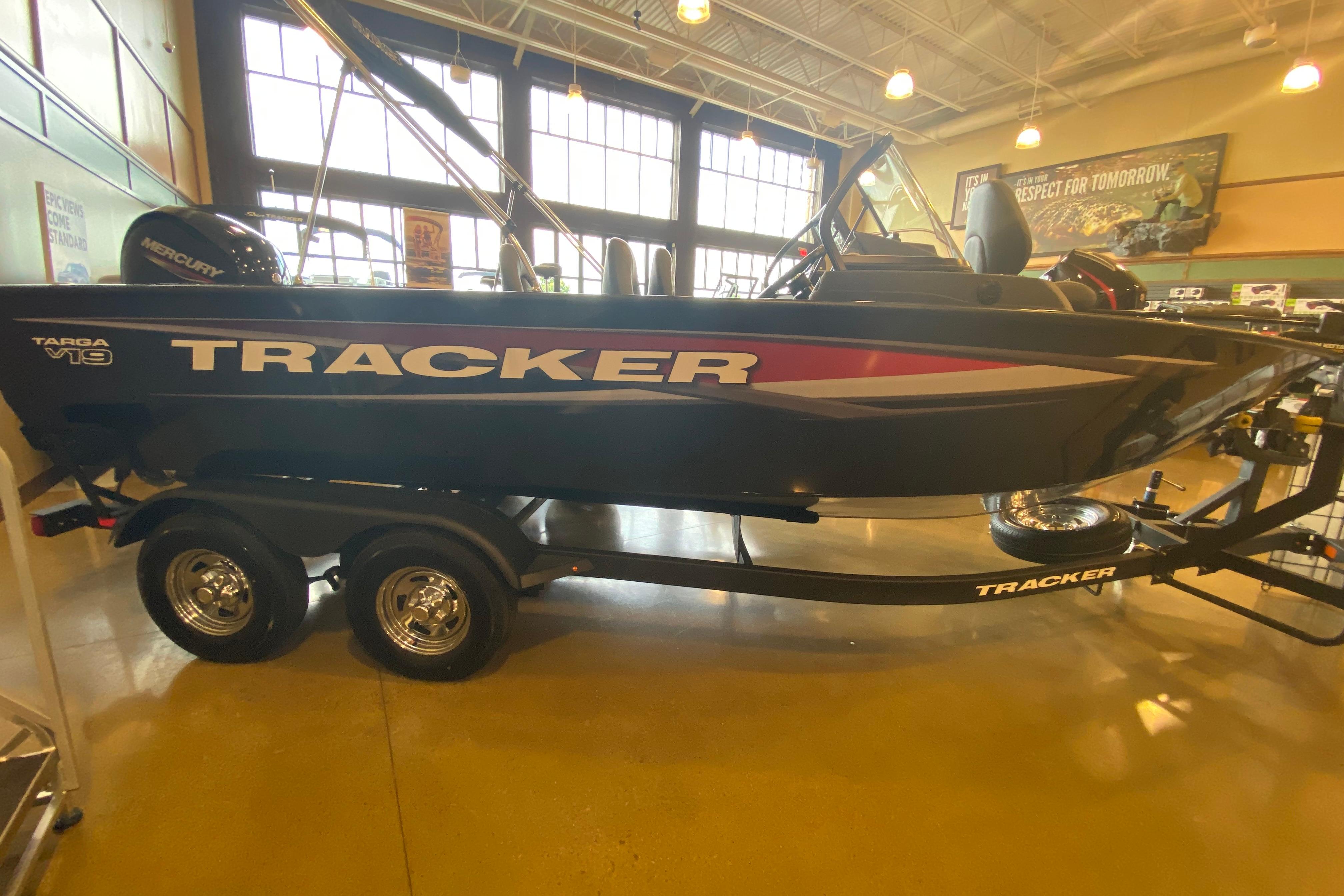 2026 Tracker Targa V-19 WT boat on display in a showroom.