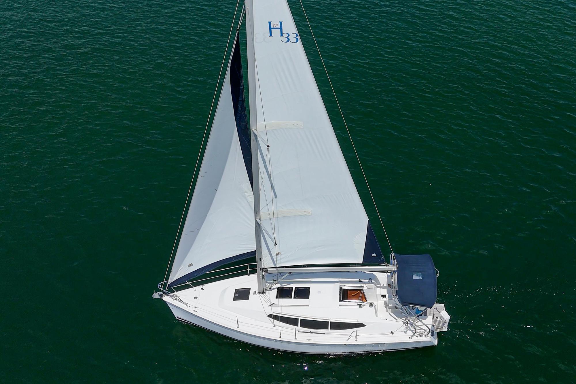 Sailing yacht Hunter 33 (2015) gliding on open water with full sails.