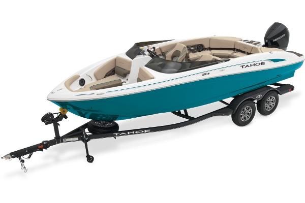 2024 Tahoe 210 S boat on trailer, teal and white design, sleek and modern.