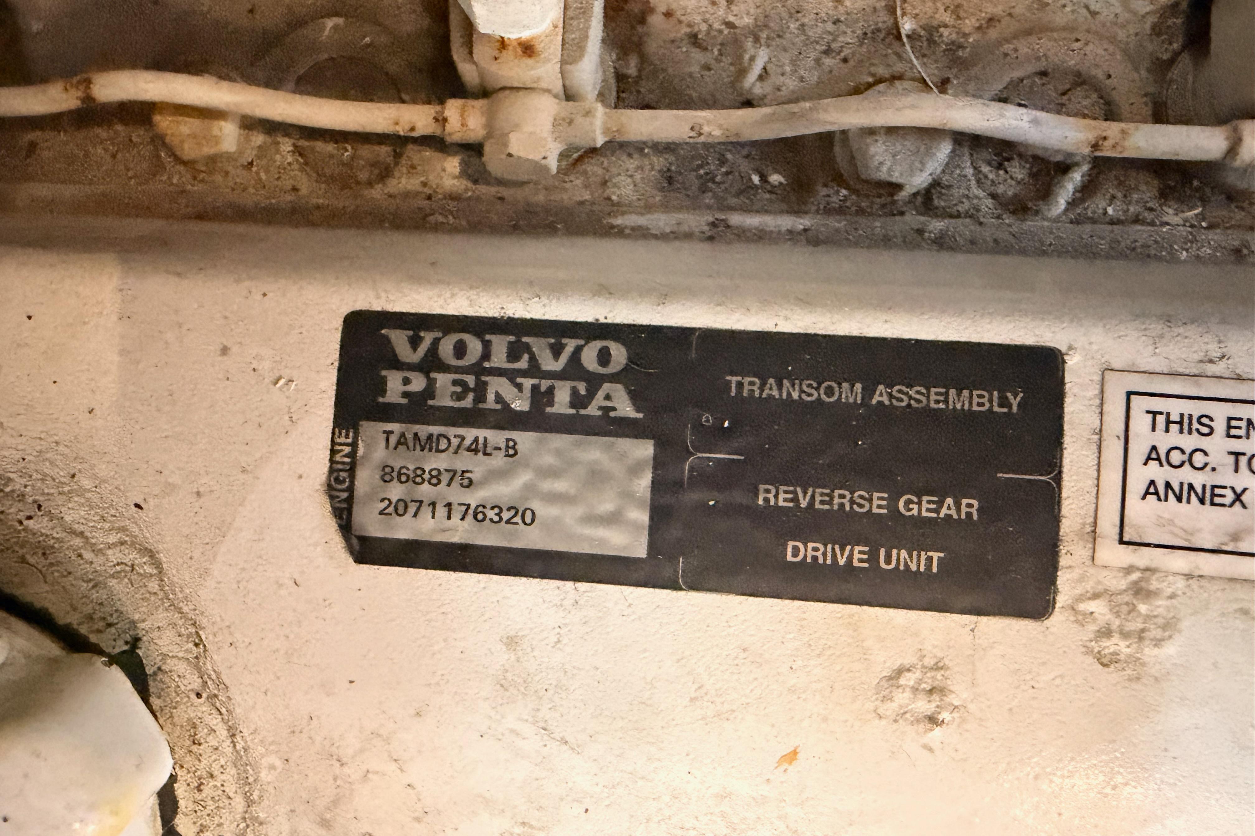 Volvo Penta engine label on 2005 Cruisers Yachts 405 Express Motoryacht.