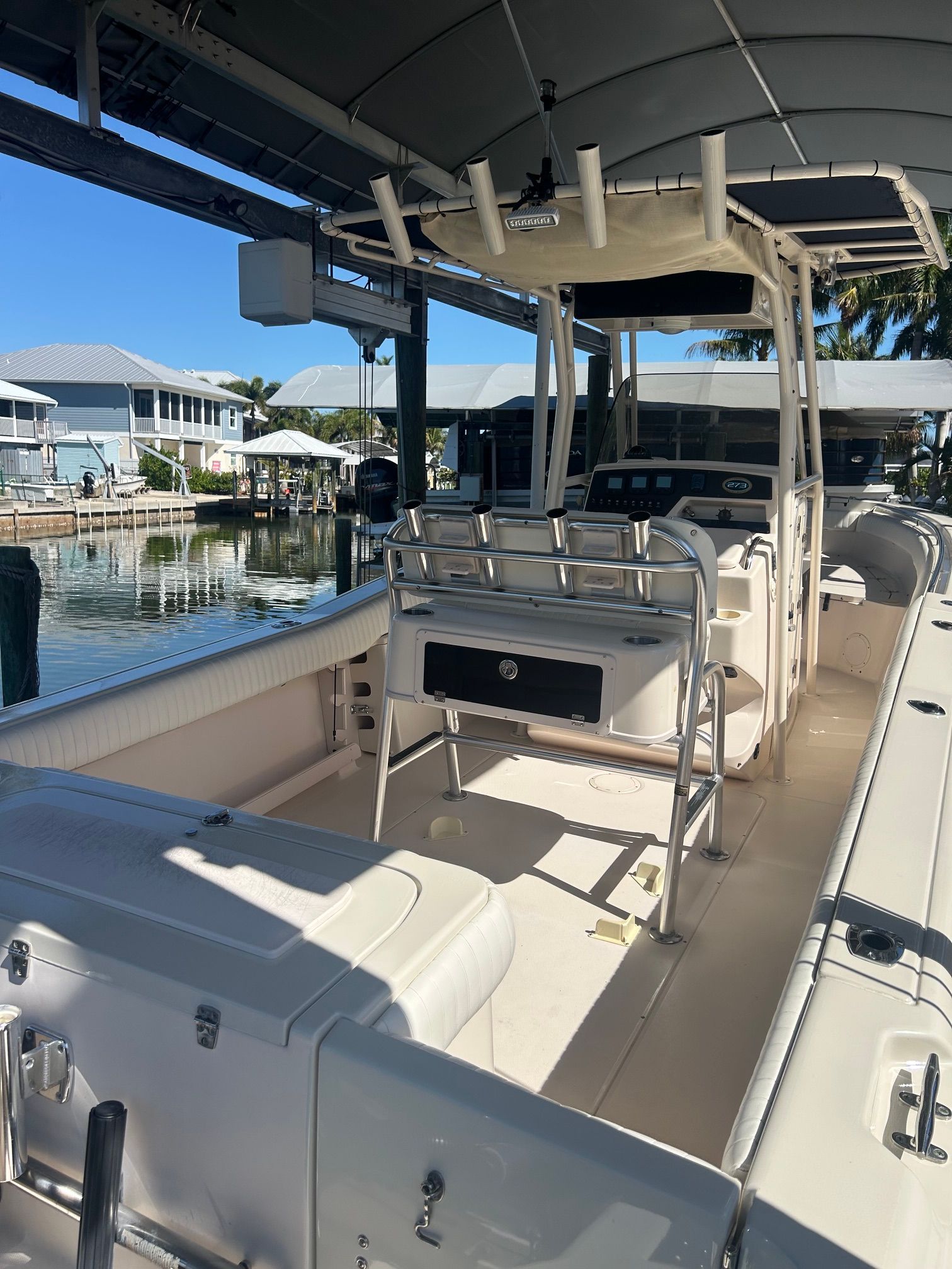 Interior view of a 2006 Grady-White Chase 273 boat in harbor.
