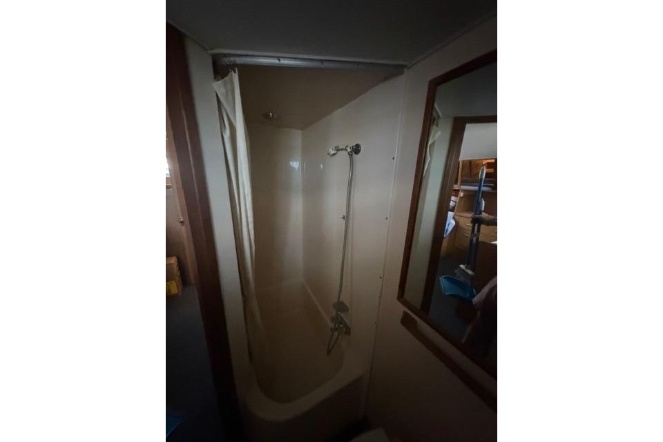Shower area inside 1980 Chris-Craft 381 Catalina yacht, featuring a curtain and handheld showerhead.