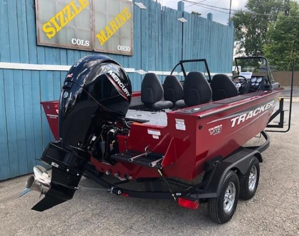 2025 Tracker Targa V18 Combo boat with Mercury engine, parked at Sizzle Marine.