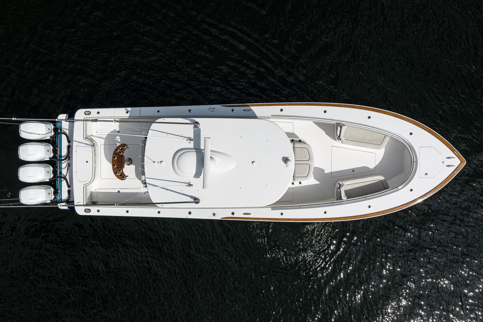 Overhead view of 2020 Valhalla Boatworks V-41 on dark water.