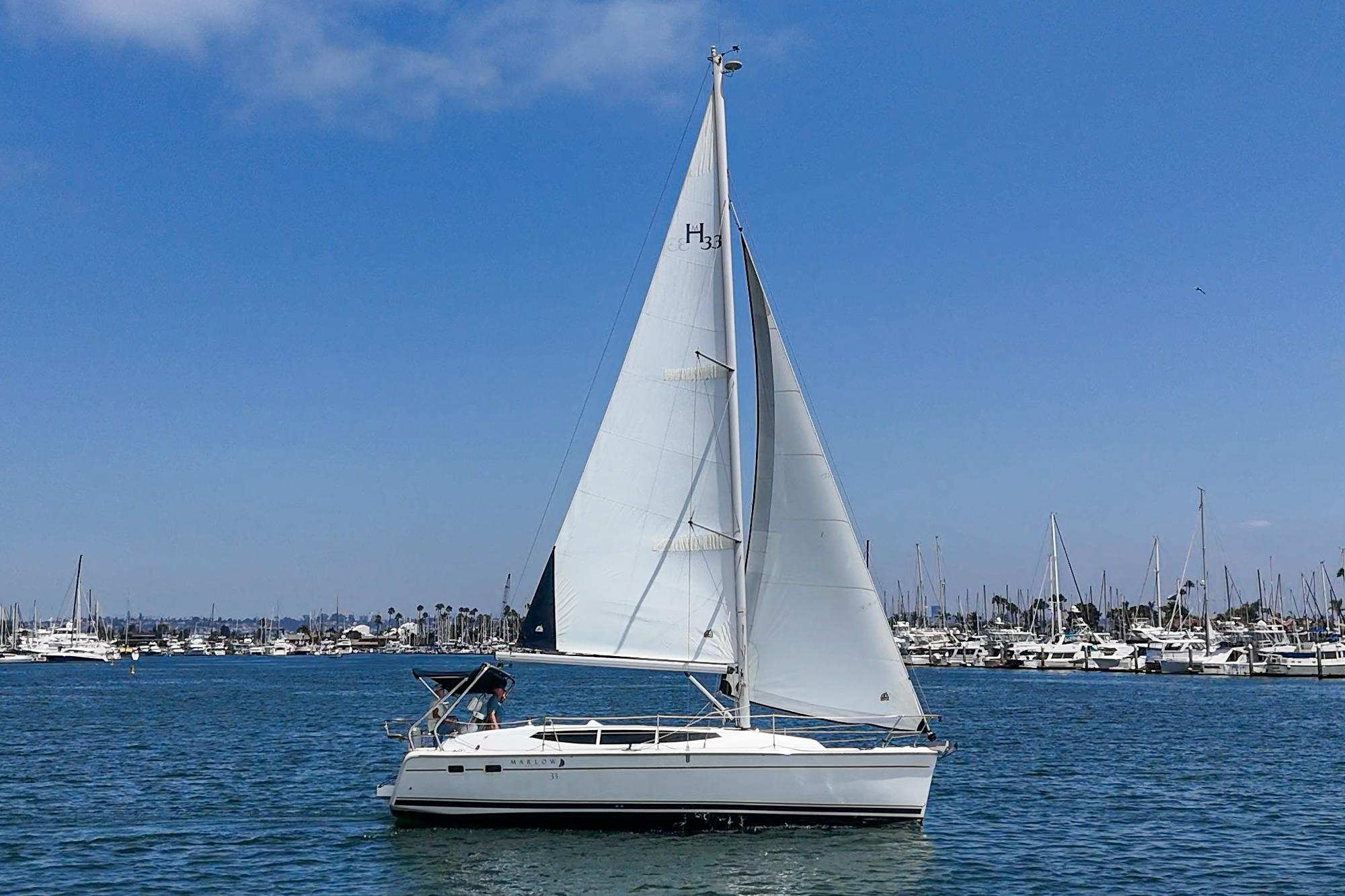 2015 Hunter 33 sailboat cruising in a marina under clear blue skies.