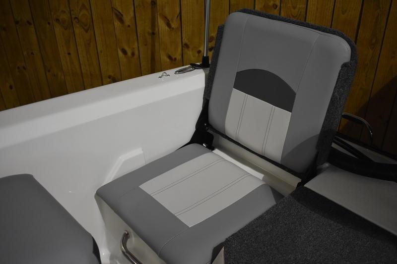 2024 Triton 186 Allure boat seat with gray and white upholstery.