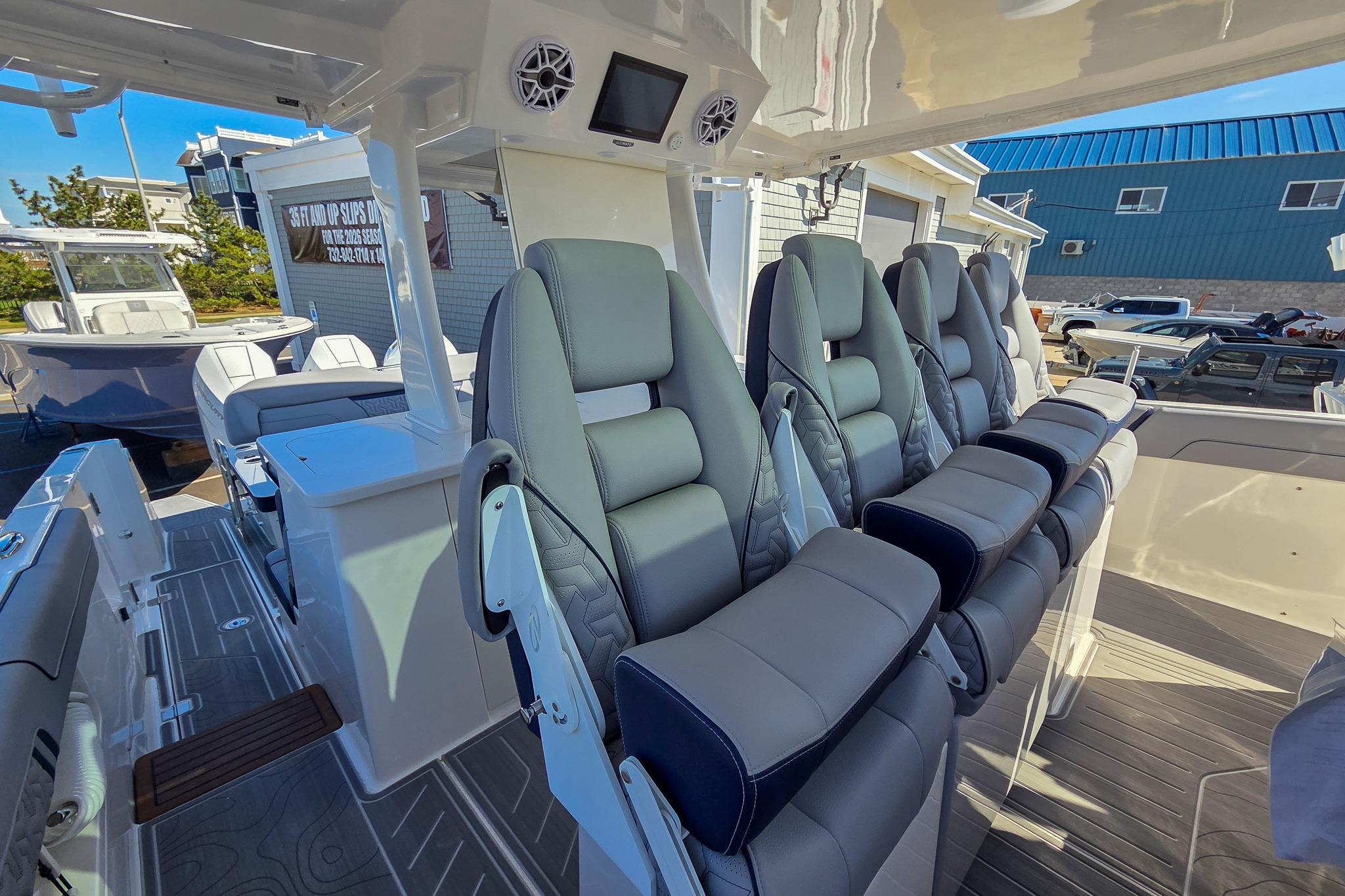 2026 Regal 38 SAV luxury boat interior with plush seating and modern amenities.