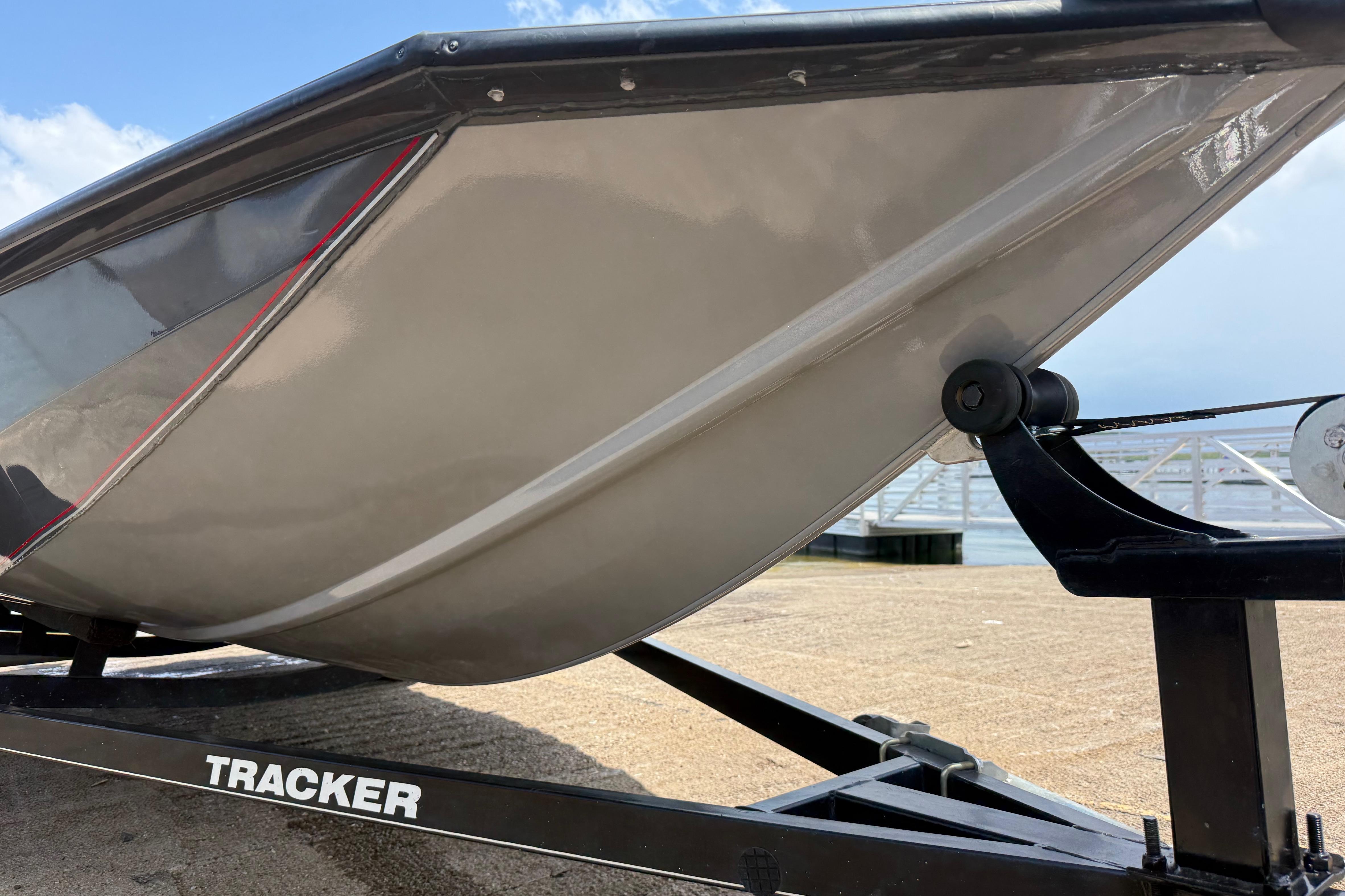 2015 Tracker Pro Team 190 TX boat on trailer, close-up view.