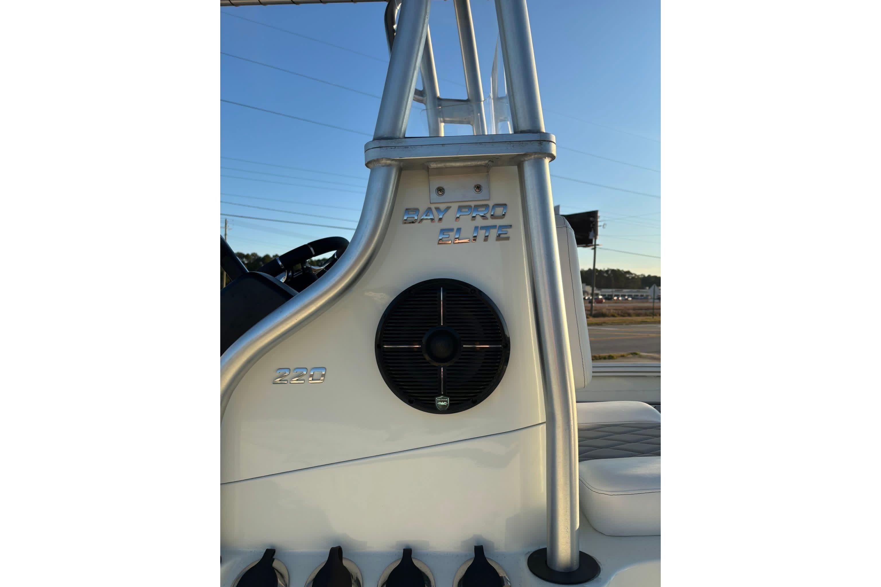 2026 Excel 220 Bay Pro Elite boat console with speaker and branding details.