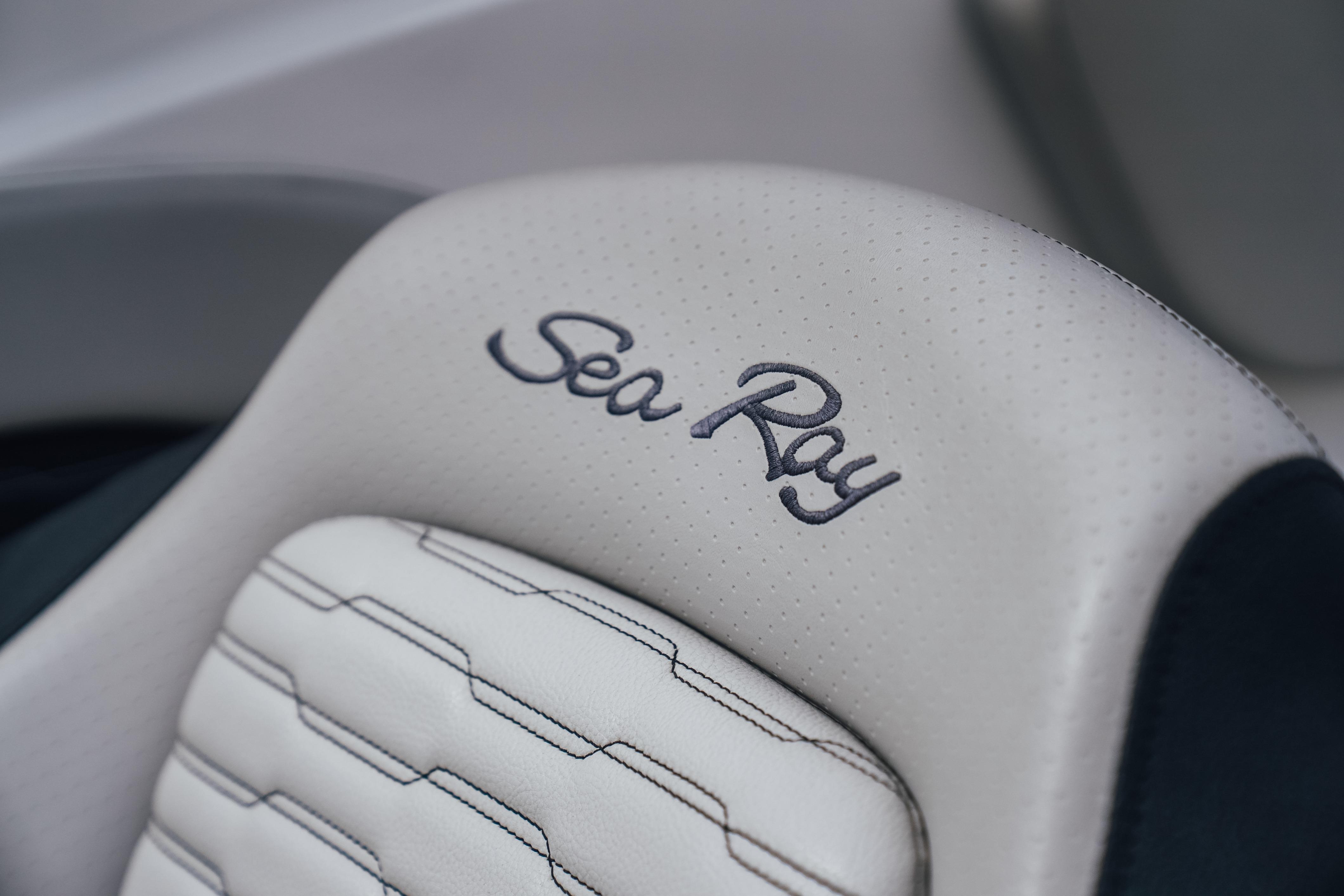 Sea Ray SPX 230 2023 boat seat with embroidered logo detail.