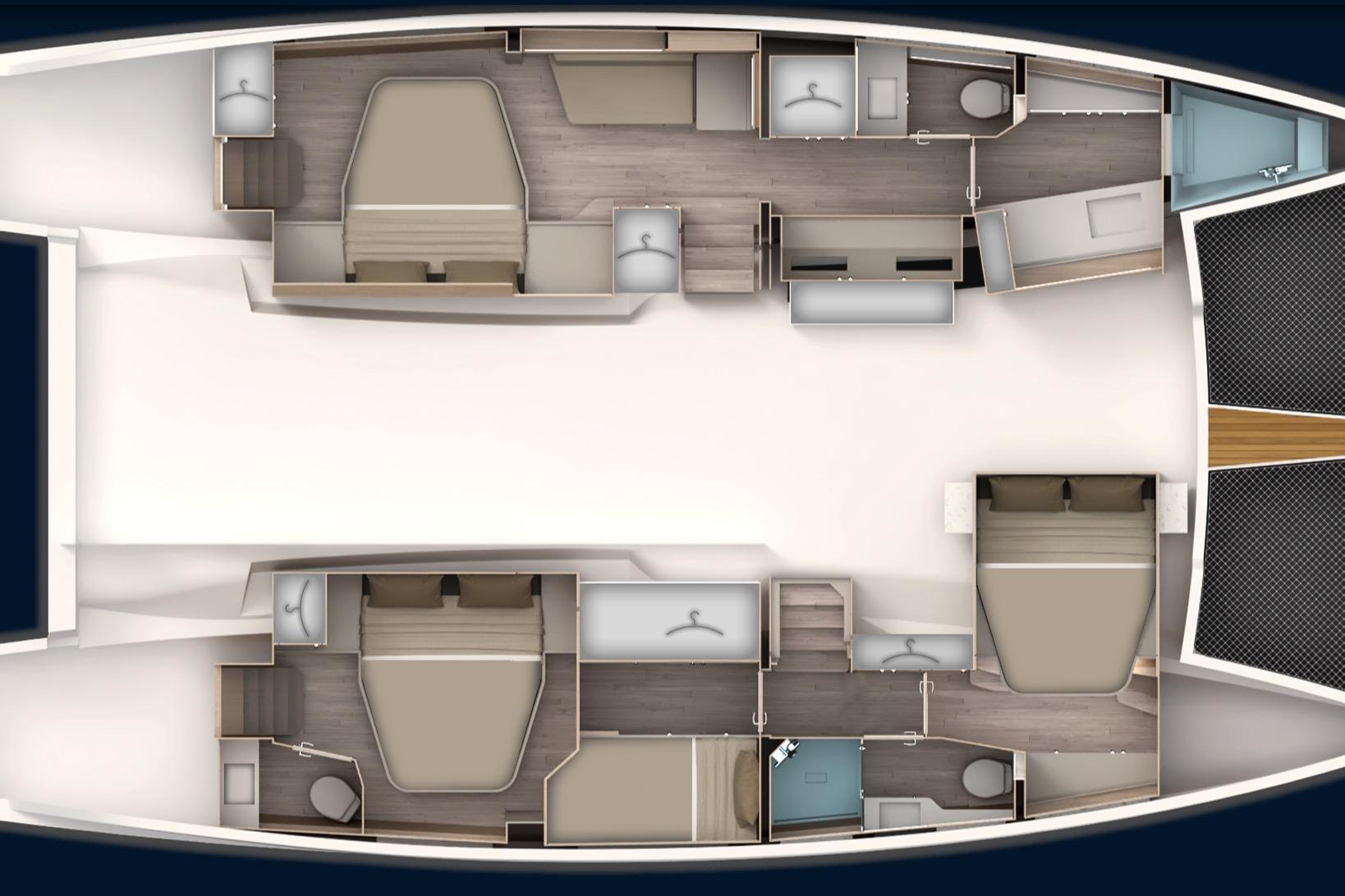 Floor plan of 2026 Aventura Yachts 45, featuring bedrooms and bathrooms.