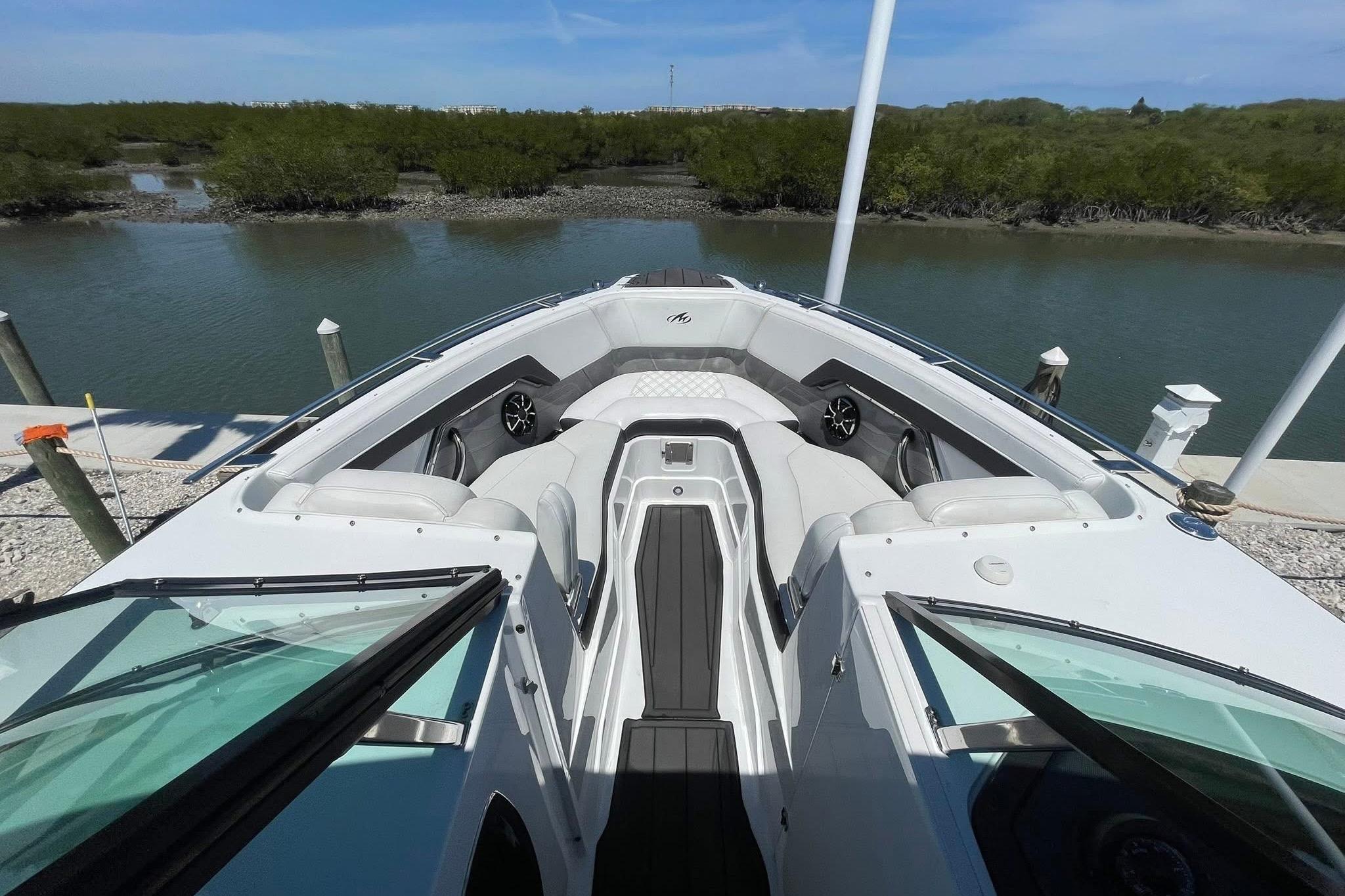2015 Monterey 268SS Super Sport boat interior with sleek seating and water view.