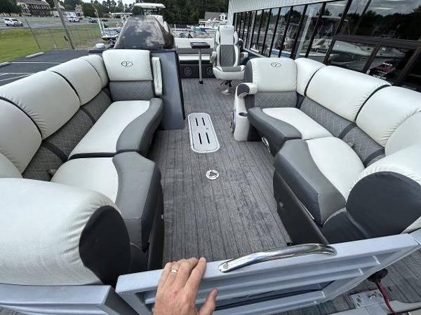 Interior of a 2020 Veranda VP22VLC pontoon boat with gray seating.