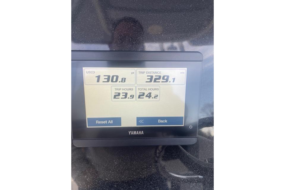 Yamaha display showing trip data on 2024 Robalo R230 Center Console boat.