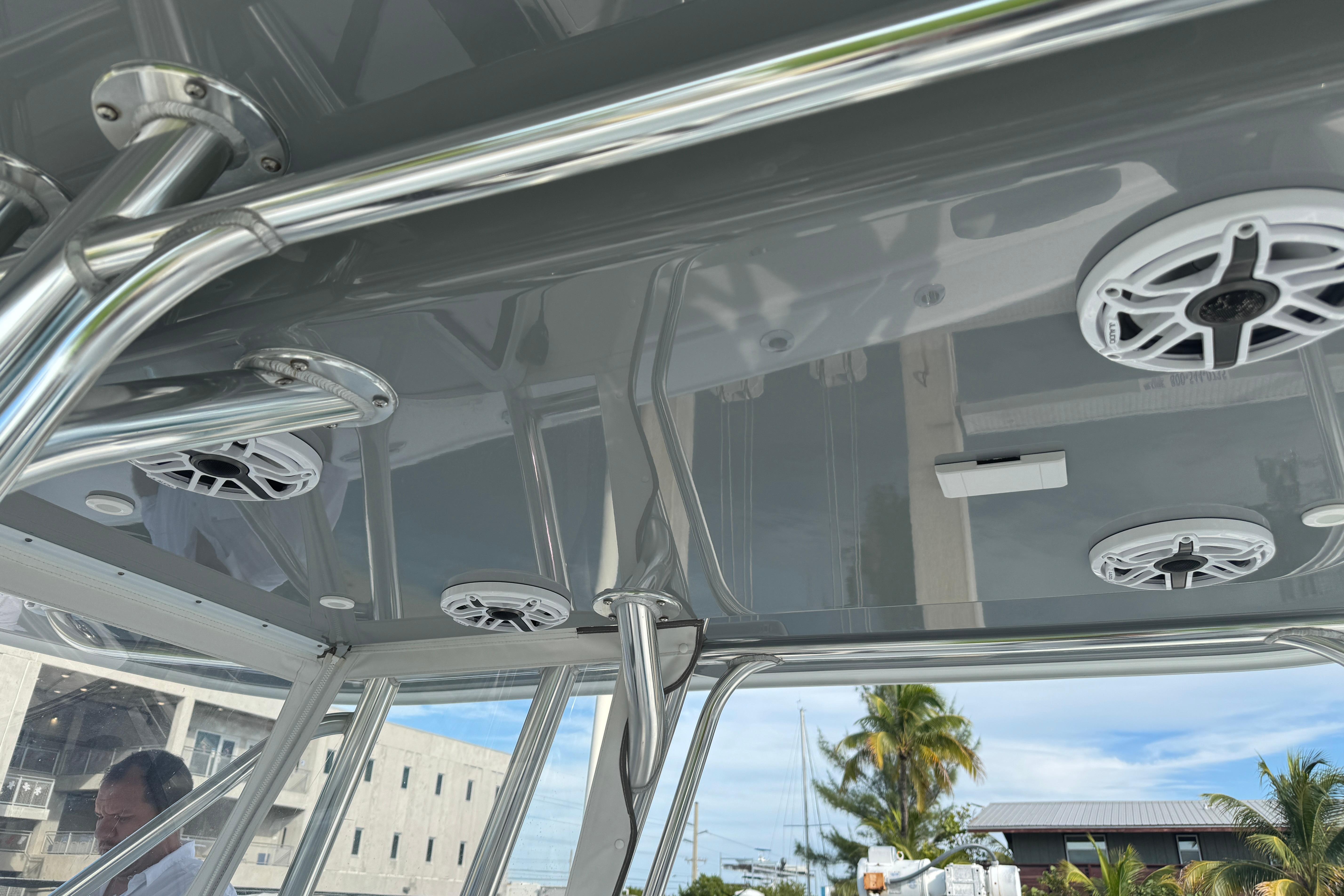 2022 Freeman 34VH boat interior with speakers and stainless steel framework.