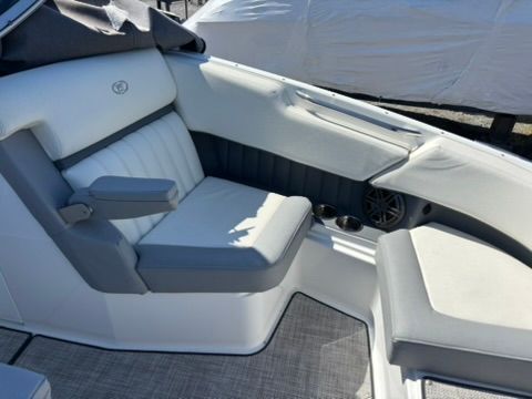 Interior of a 2020 Cobalt SC23 boat with gray and white seating.