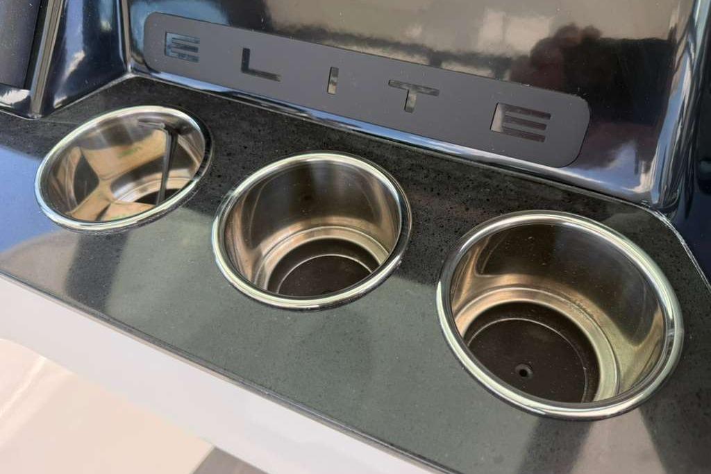 Cup holders on a 2026 Monterey Elite 30 OB boat dashboard.