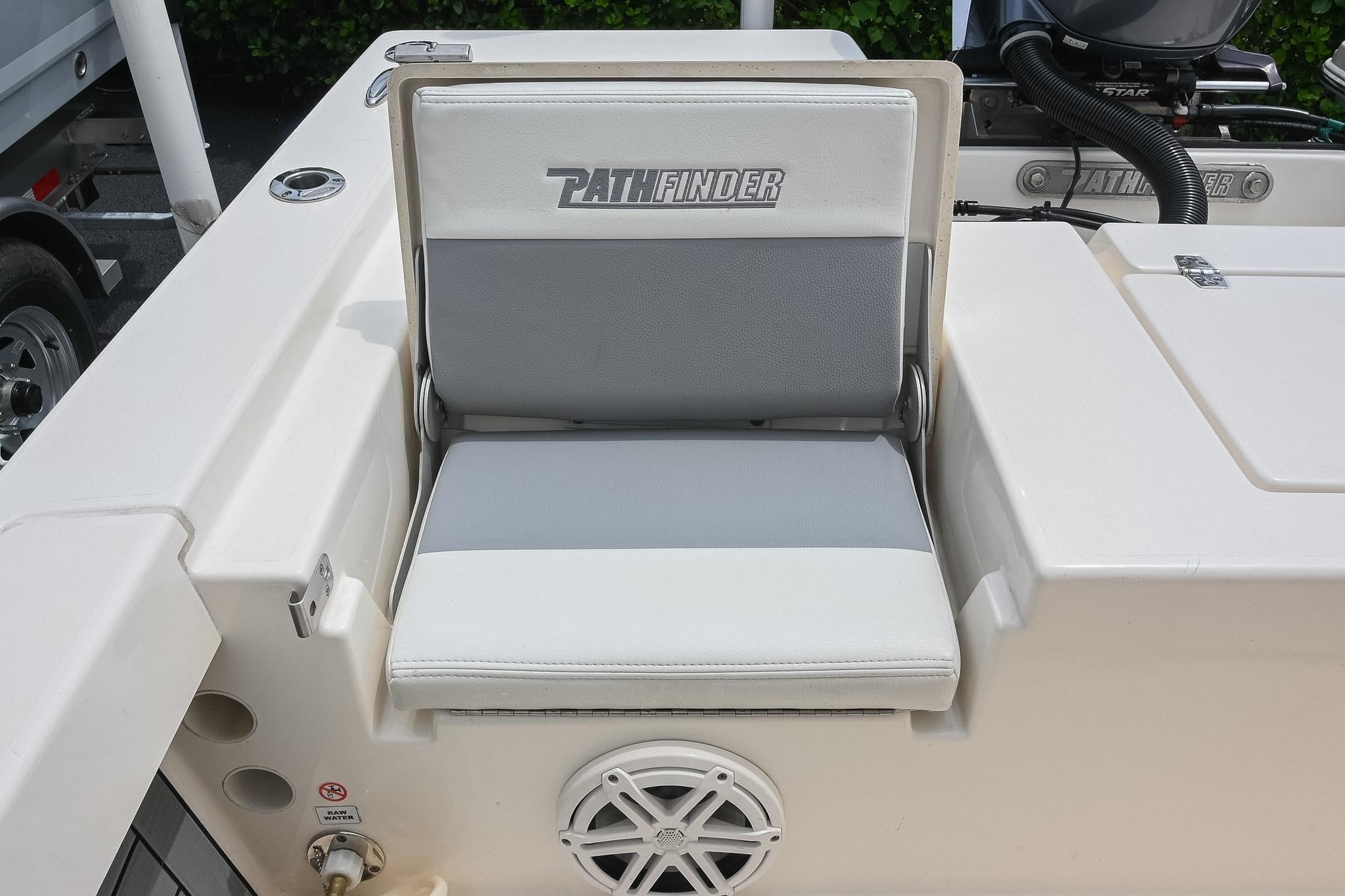 2021 Pathfinder 2200 TRS boat seat with logo, featuring white and gray upholstery.