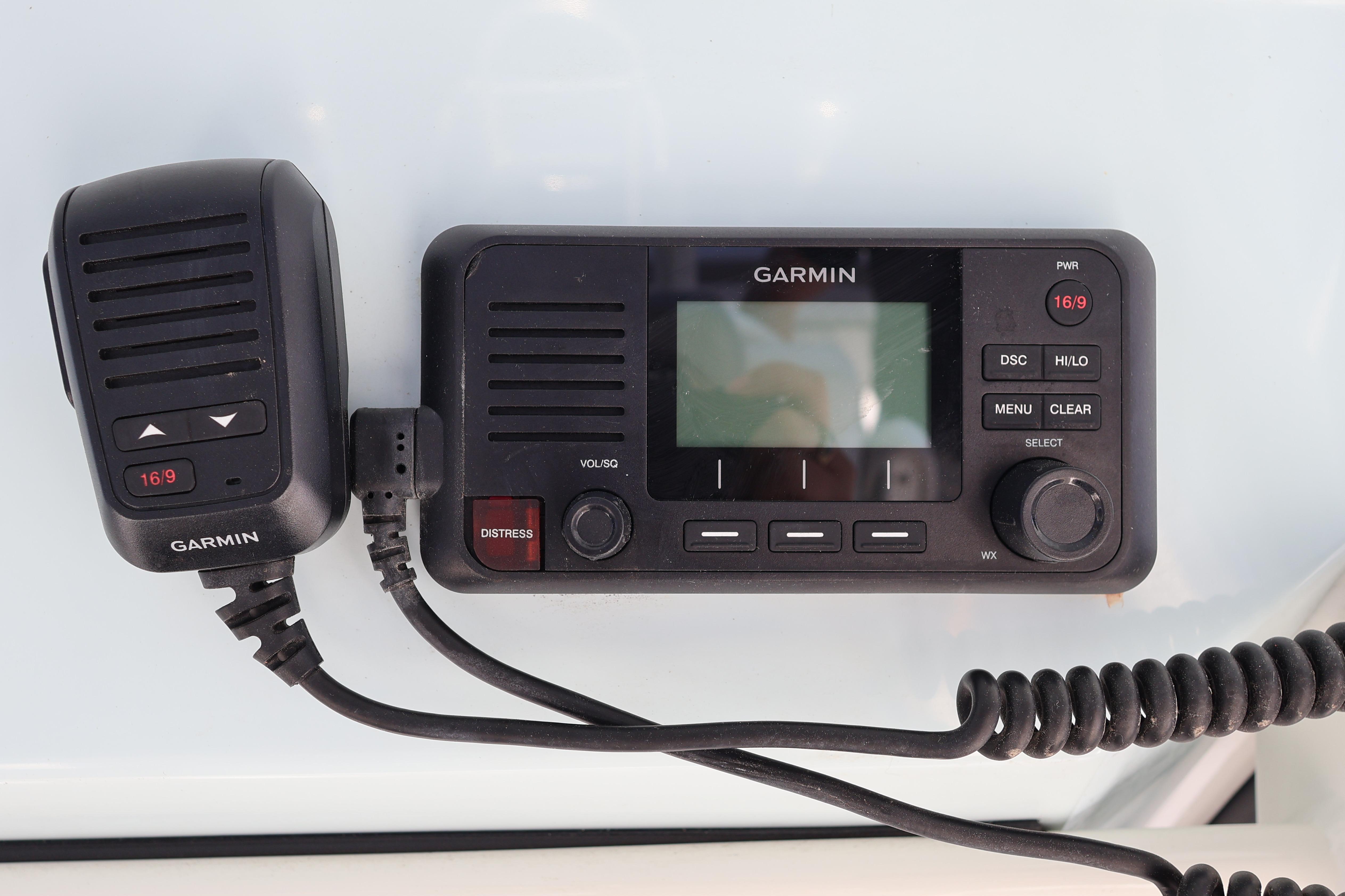 Garmin marine radio system on 2022 World Cat 280 CC-X boat dashboard.