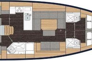 Floor plan of 2019 Bavaria C45 Style yacht, featuring kitchen, seating, and sleeping areas.