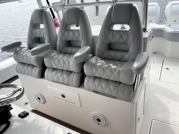 2020 Front Runner 39 Center Console with luxurious gray seating on a boat.