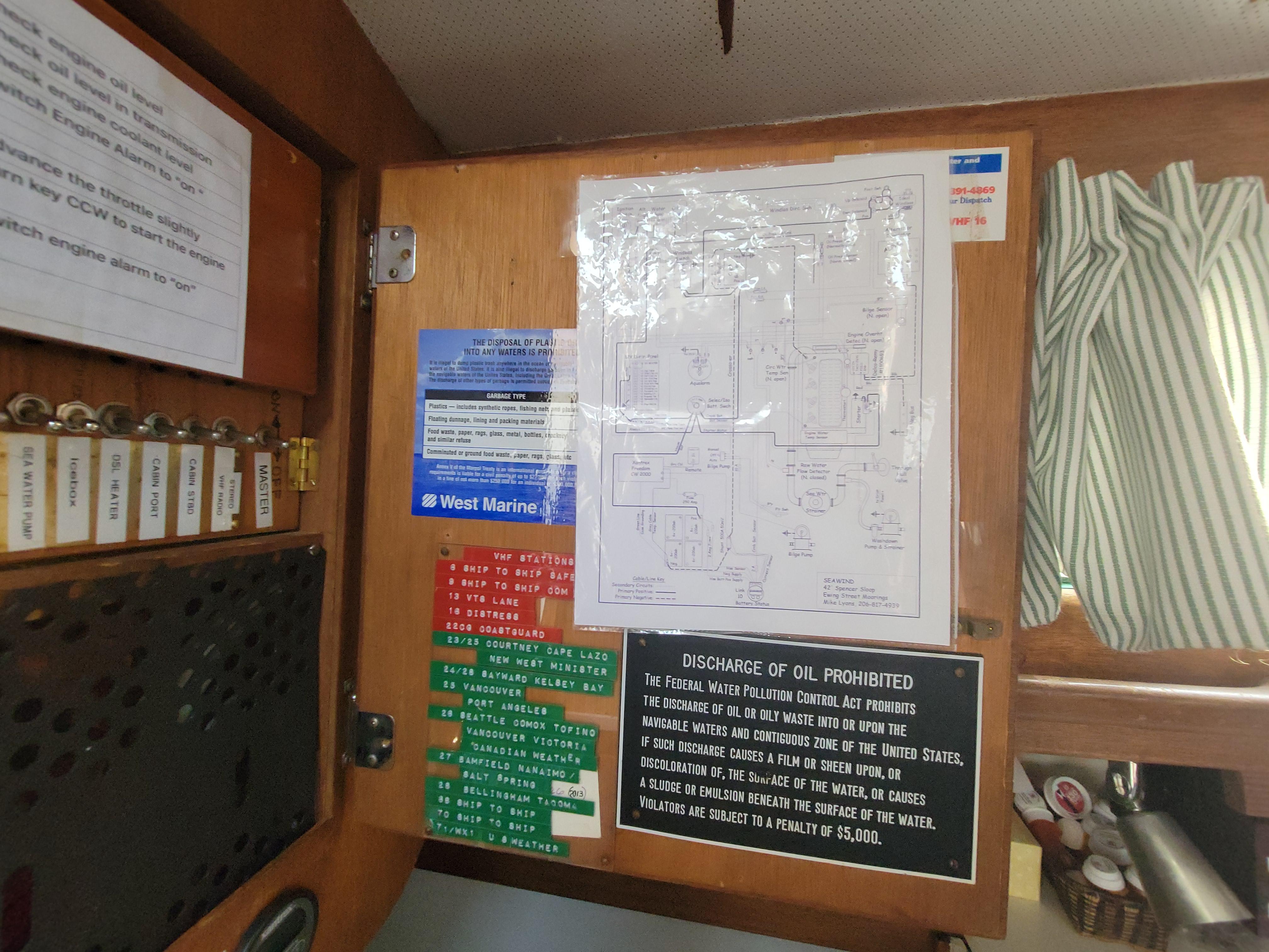 Control panel with diagrams and notices inside a 1967 Spencer 42 boat.