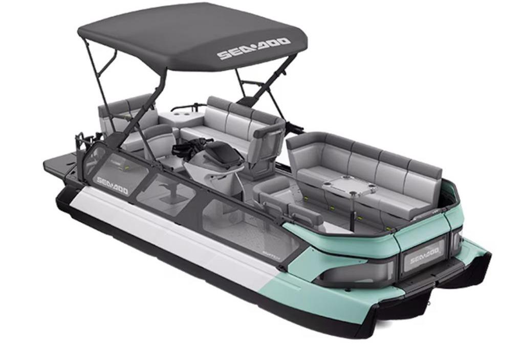 2026 Sea-Doo Switch Cruise 21 pontoon boat with canopy and spacious seating.