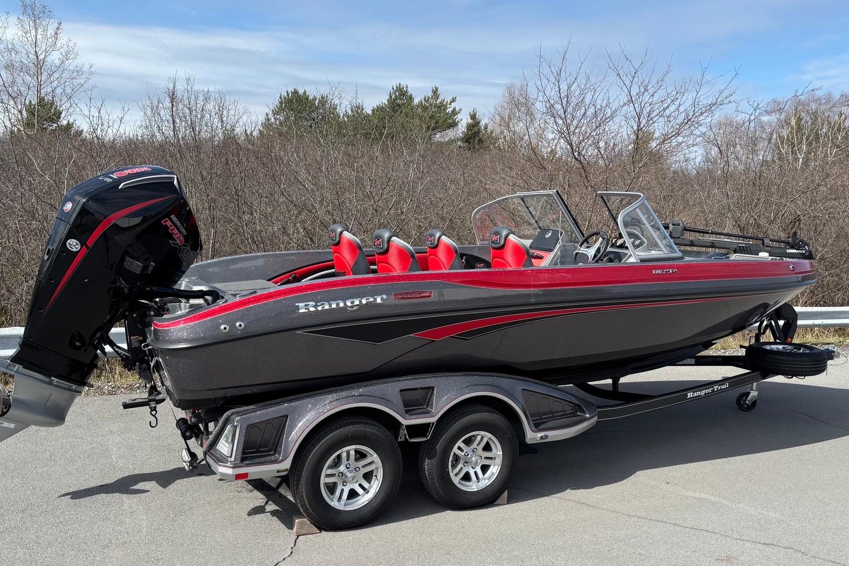 2025 Ranger 2050MS boat with red and black design on a trailer.